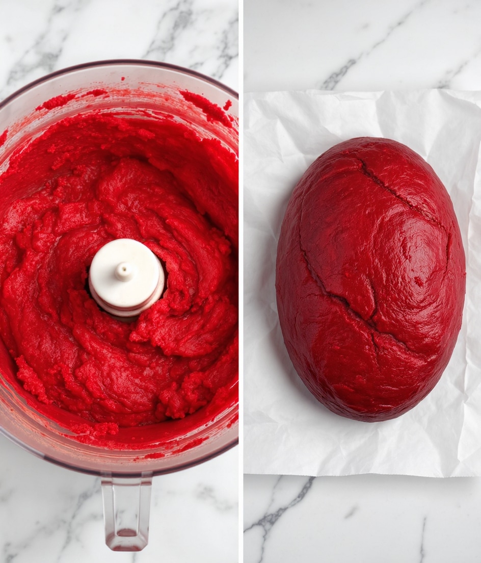 The image shows two parts: on the left, there is a clear round container with a white blade in the center, filled with bright red, thick, rough-textured dough-like mixture. On the right, there is a single large oval-shaped red loaf with a rough surface and small wrinkles, placed on a white parchment paper over a white marbled surface. The colors are rich red with slightly darker red shadows on the dough and loaf. Photo taken with an iphone --ar 4:5 --v 7