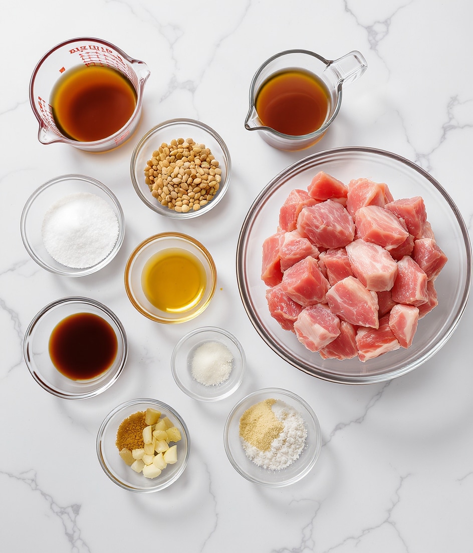 A top view of different clear glass bowls arranged on a white marbled surface, each holding a separate ingredient. The largest bowl on the right contains pieces of raw pink meat with a slightly shiny texture. To the left are smaller bowls with various ingredients: brown liquid, light brown seeds, white granulated sugar, golden liquid, clear liquid, dark soy sauce, finely chopped white garlic, and some white powders. A clear measuring cup holds a reddish-brown sauce, sitting among the other bowls. All the bowls are neat, and the lighting is bright and even. photo taken with an iphone --ar 4:5 --v 7