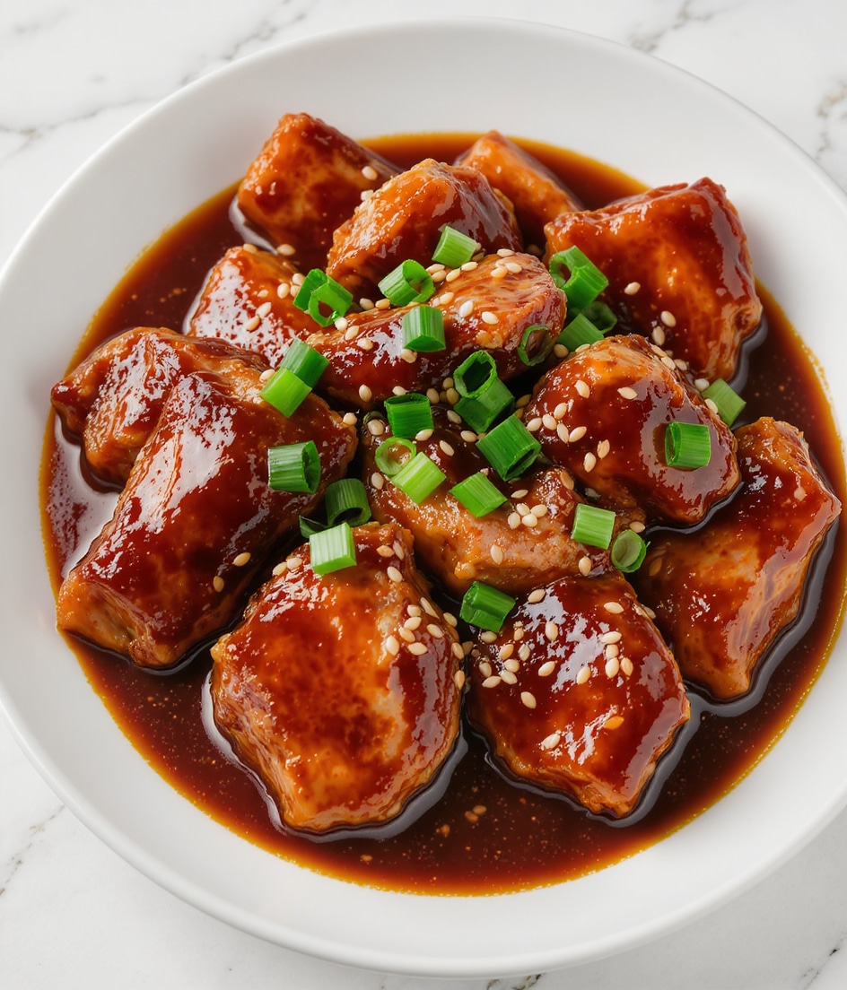 The image shows a close-up of several pieces of cooked chicken covered in a thick, shiny dark brown sauce. The chicken pieces are uneven in shape and look tender. Small white sesame seeds are scattered evenly on top of the chicken, adding texture. Bright green sliced scallions are sprinkled across, providing a fresh color contrast. All the chicken and toppings are arranged closely together on a white plate, set against a white marbled surface. Photo taken with an iphone --ar 4:5 --v 7