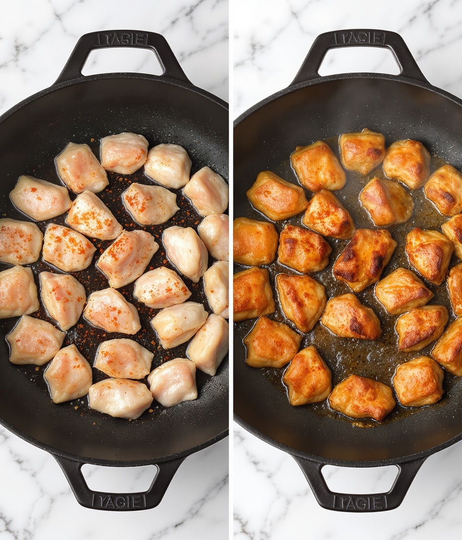 Two images side by side show the cooking process of small chicken pieces in a black pan on a white marbled surface. The left image has raw chicken pieces spread out unevenly in one layer across the pan, seasoned with red pepper flakes and some black pepper, with a pinkish color and moist texture. The right image shows the same pan with chicken pieces fully cooked and browned, with a golden brown color and crispy edges, releasing steam above the pan, arranged in one even layer. Photo taken with an iphone --ar 4:5 --v 7