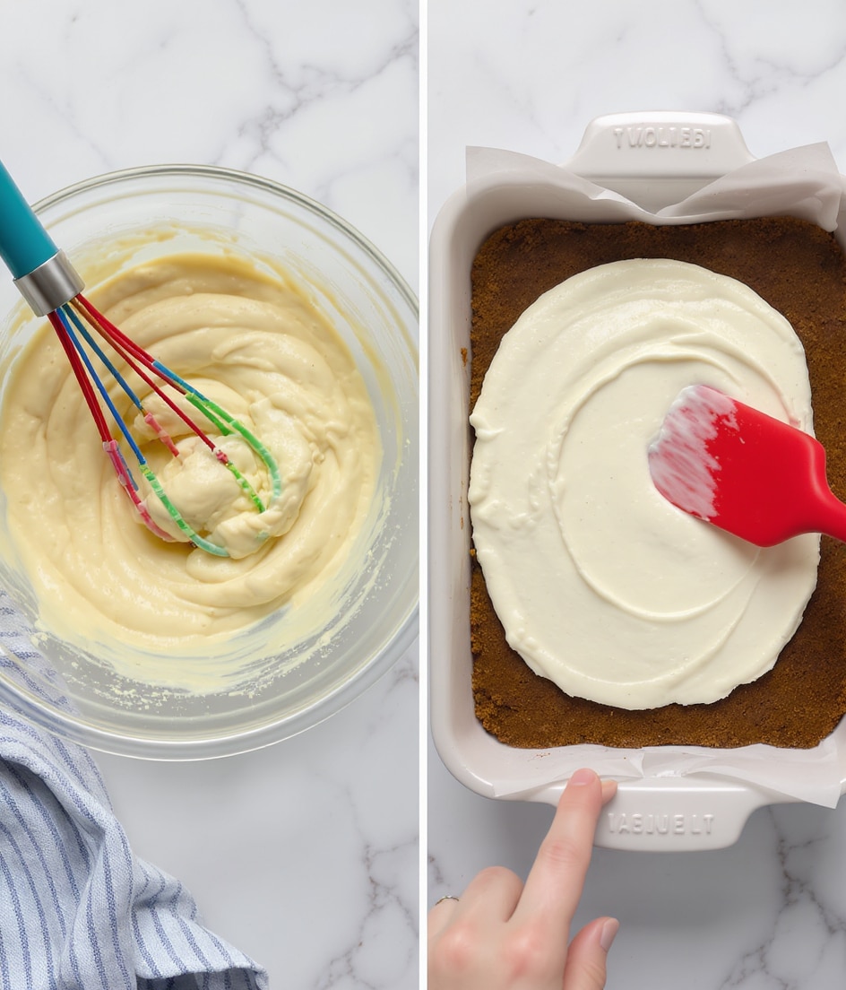 The image shows two scenes side by side on a white marbled surface. On the left, there is a clear glass bowl with a pale yellow, creamy batter that has a smooth texture with small bubbles on its surface, being mixed by a colorful whisk with red, blue, and green loops. On the right, a white square baking pan lined with parchment paper contains a thick, crumbly brown layer pressed flat at the bottom, over which a white creamy mixture is being spread evenly by a red spatula. The scenes together suggest the process of preparing a layered dessert. Photo taken with an iphone --ar 4:5 --v 7