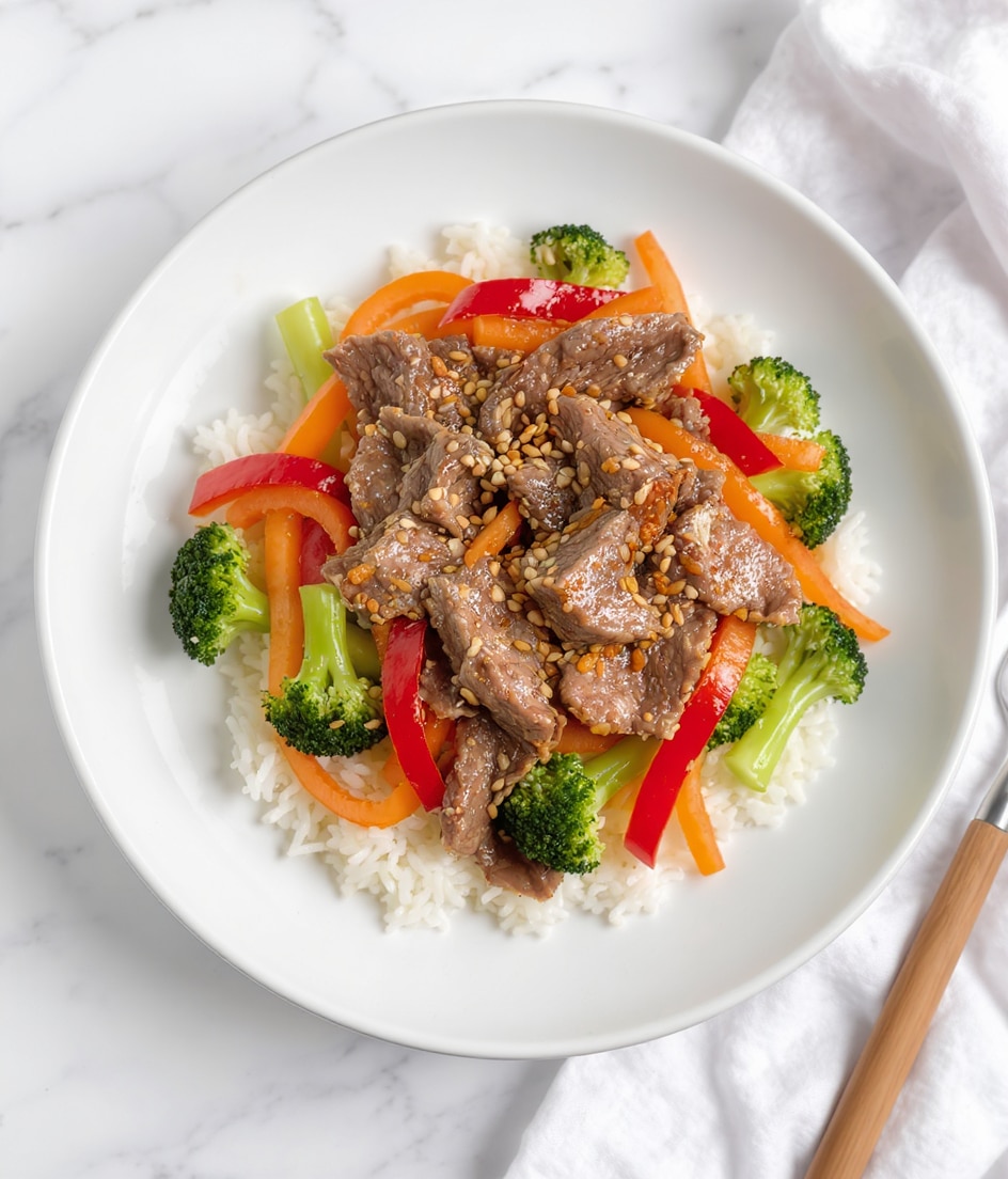 The image shows a black pan filled with a colorful stir-fry. The bottom layer consists of thin slices of dark brown cooked beef evenly spread across the pan. On top of the beef are bright orange carrot slices and crunchy green broccoli florets, scattered throughout. Among the vegetables are strips of red bell pepper adding vibrant color. The dish is sprinkled with small white sesame seeds for texture. The pan sits on a white marbled surface. photo taken with an iphone --ar 4:5 --v 7