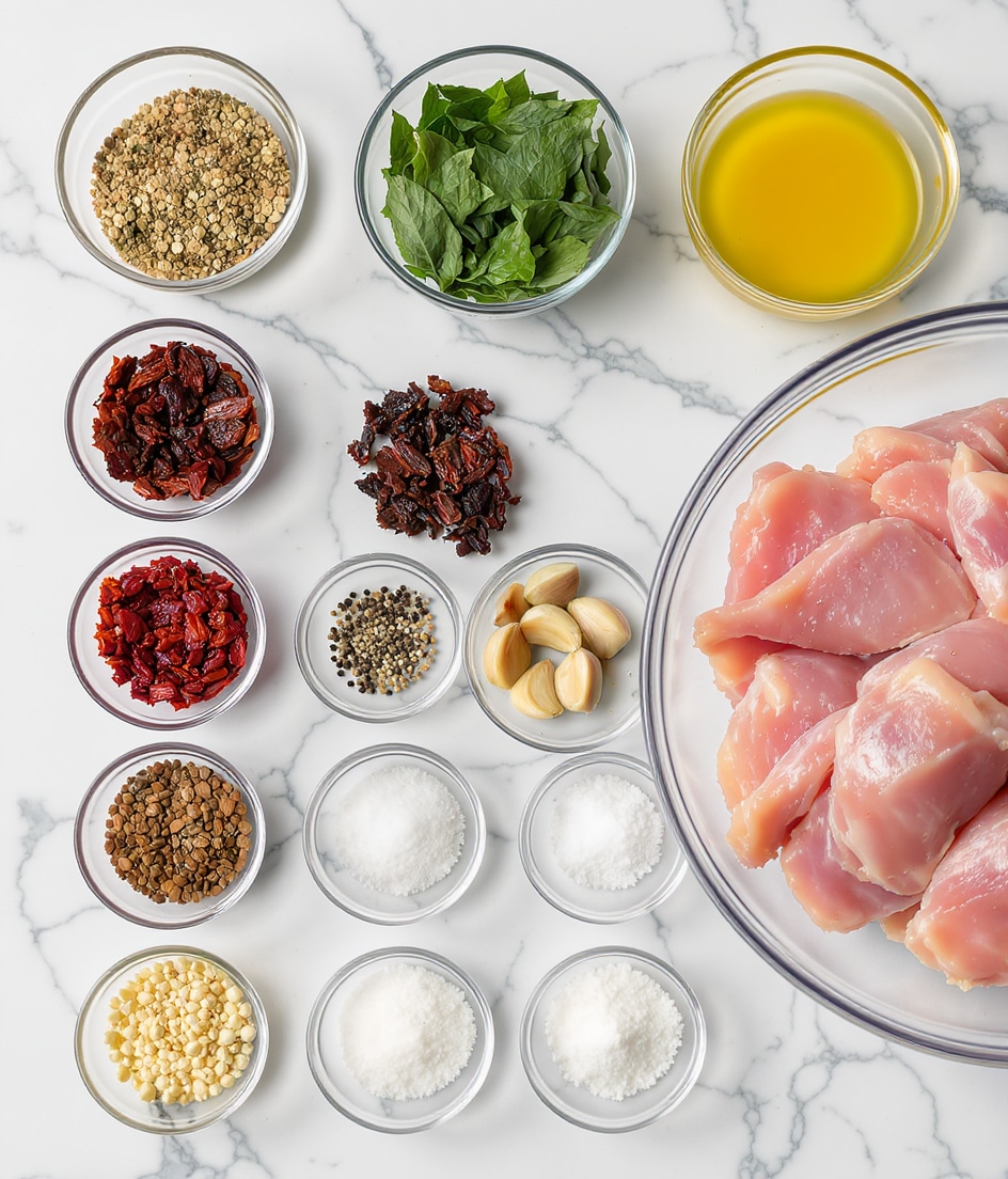The image shows twelve small clear bowls arranged on a white marbled surface, each containing different ingredients. Starting from the top left, there's a bowl of round, light brown coriander seeds, followed by a bowl with bright green curry leaves in the center top. To the right of that, a bowl holds dark brown tamarind pieces in liquid, and next to it is a bowl filled with bright yellow ghee. Below the coriander seeds are deep red dried Kashmiri red chilies, and below the curry leaves are tiny black peppercorns. A bowl with light brown cumin seeds sits beneath the peppercorns, and to the right are brown fenugreek seeds. Near the center is a bowl with peeled garlic cloves, with a bowl of white sugar above and a bowl of white salt below. On the far right side, a larger clear bowl contains raw pink chicken pieces. The colors and textures vary from smooth to rough, creating visual interest across the layout. photo taken with an iphone --ar 4:5 --v 7