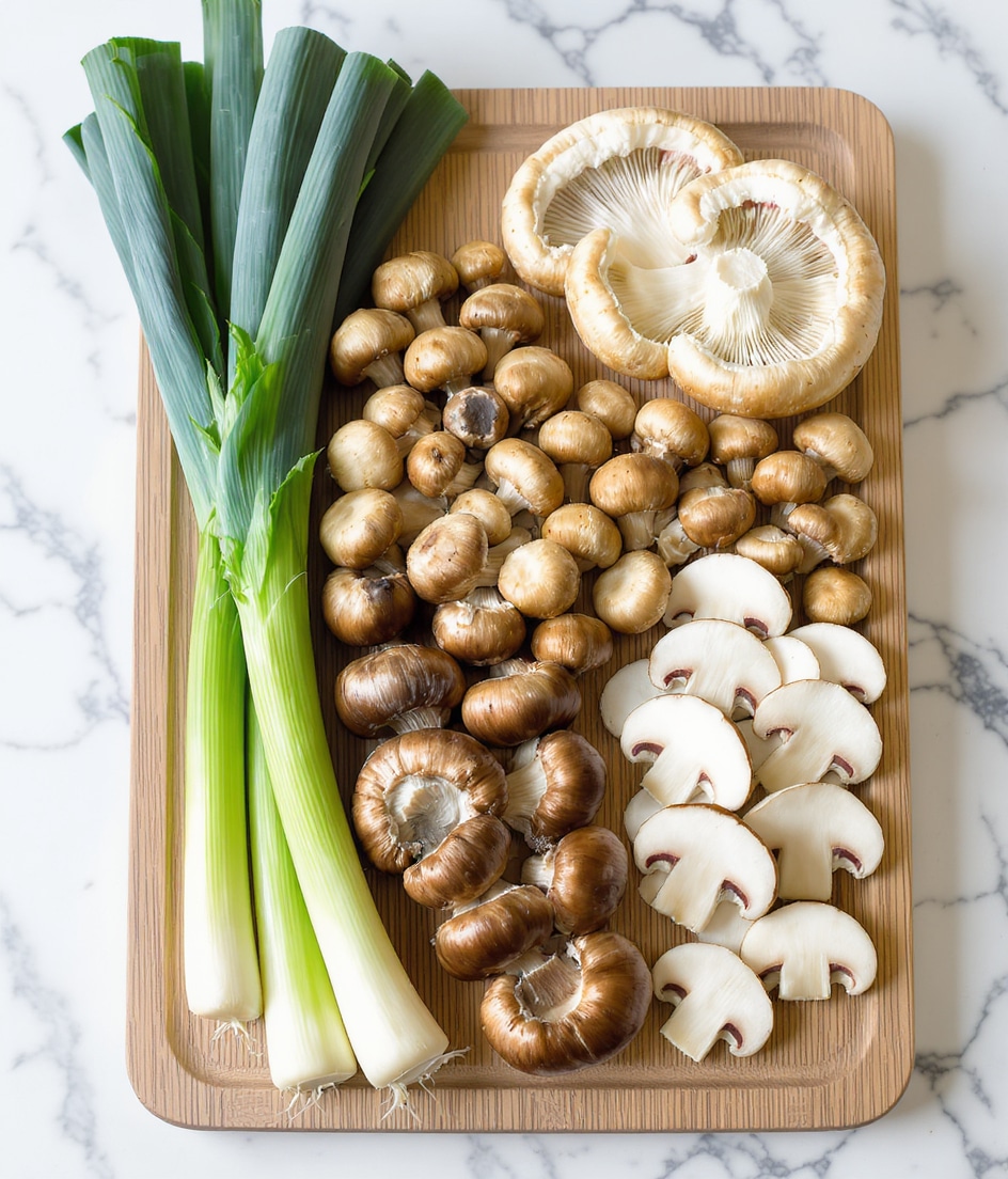 A wooden board placed on a white marbled surface holds an assortment of fresh mushrooms and two long green leeks. The board is filled with different mushroom types: on the top right, light beige oyster mushrooms with soft, layered textures; below them, small clusters of brown beech mushrooms; at the bottom right, whole and sliced white and brown cremini mushrooms showing their smooth caps and white inner flesh; and at the bottom left, a large bunch of maitake mushrooms with ruffled, overlapping layers in dark brown shades. Two thick leeks with dark green leaves tapering into white stalks lie diagonally across the left side of the board photo taken with an iphone --ar 4:5 --v 7