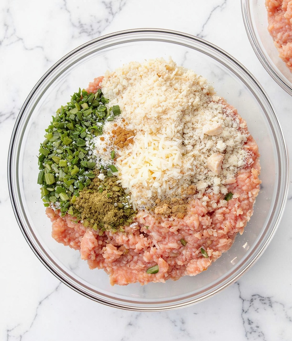 The image shows two clear glass bowls on a white marbled surface. The left bowl contains layers of ingredients for mixing: on the bottom, light pink ground meat fills most of the bowl; on top of this, there are several distinct piles of seasonings and herbs, including finely chopped green herbs on the left side, coarse white grated cheese covering the right side, and various light beige powders and small dried herb flakes spread in between. The right bowl holds a single combined mixture of the ingredients, appearing textured and moist, with visible small green herb bits scattered evenly throughout the pale pink blend. Photo taken with an iphone --ar 4:5 --v 7