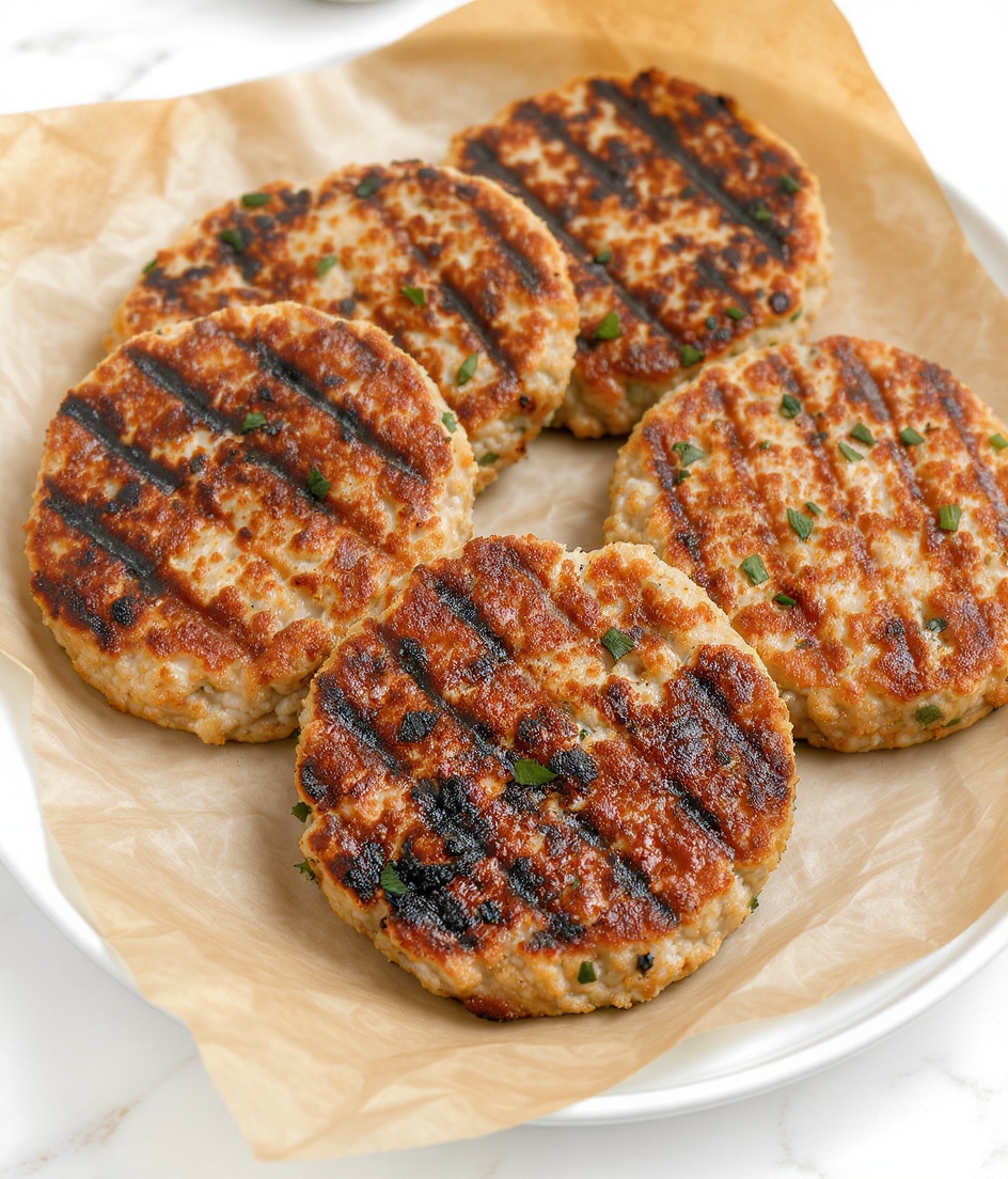 Eight round grilled patties with a golden brown color and dark grill marks are stacked closely on light brown parchment paper. Each patty has a slightly rough texture with visible small green and black specks, indicating herbs and seasoning. The patties have a slightly shiny surface from cooking juices. They are placed together on a white plate with a delicate raised pattern around the edge, all set on a white marbled surface. Photo taken with an iphone --ar 4:5 --v 7