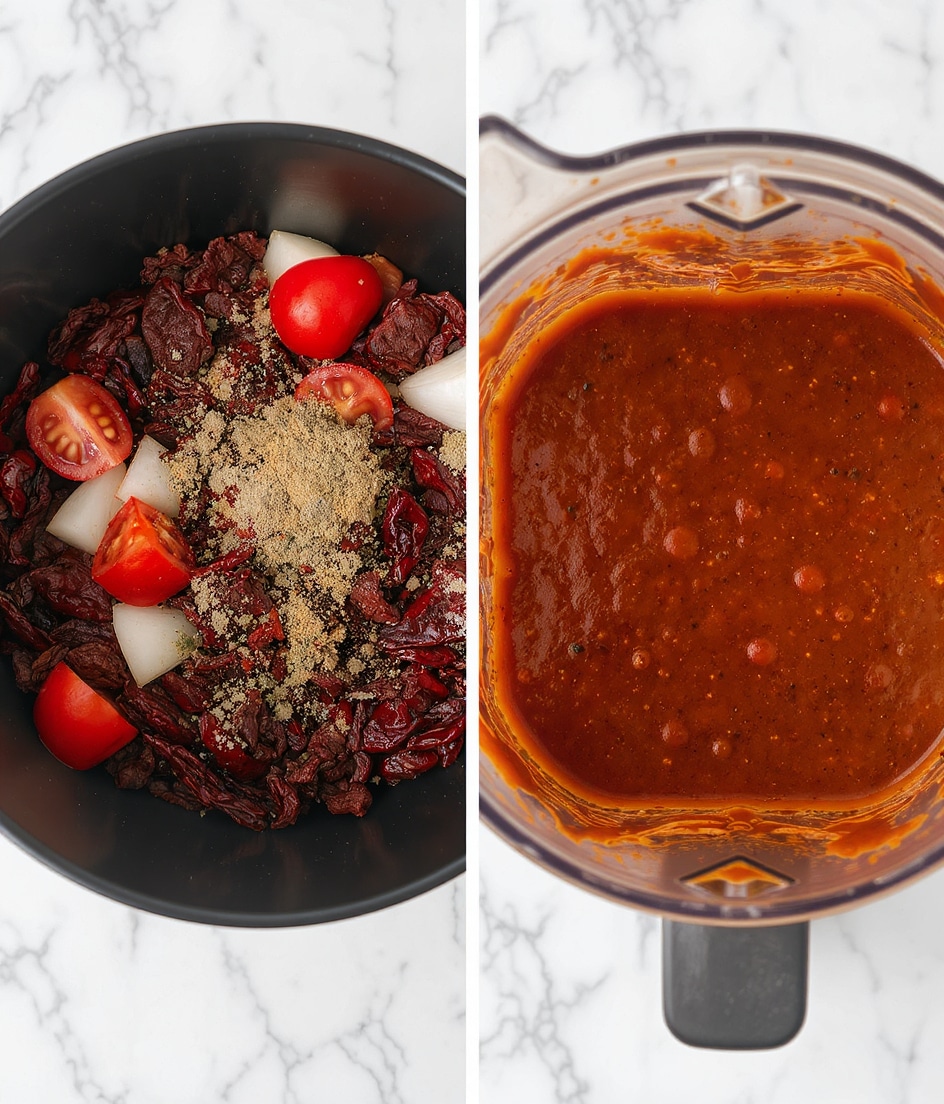 The image shows two side-by-side photos. On the left, there is a close-up of a pot filled with dry dark red chili peppers, chunks of white onions, slices of red tomatoes, and a sprinkle of dried herbs on top, creating a rough and textured mix of dark red, white, and green colors. On the right, the contents from the pot are blended into a smooth thick sauce that fills a blender jar, showing a rich reddish-brown color with some texture spots and bubbles on the surface. The background is a white marbled texture. photo taken with an iphone --ar 4:5 --v 7