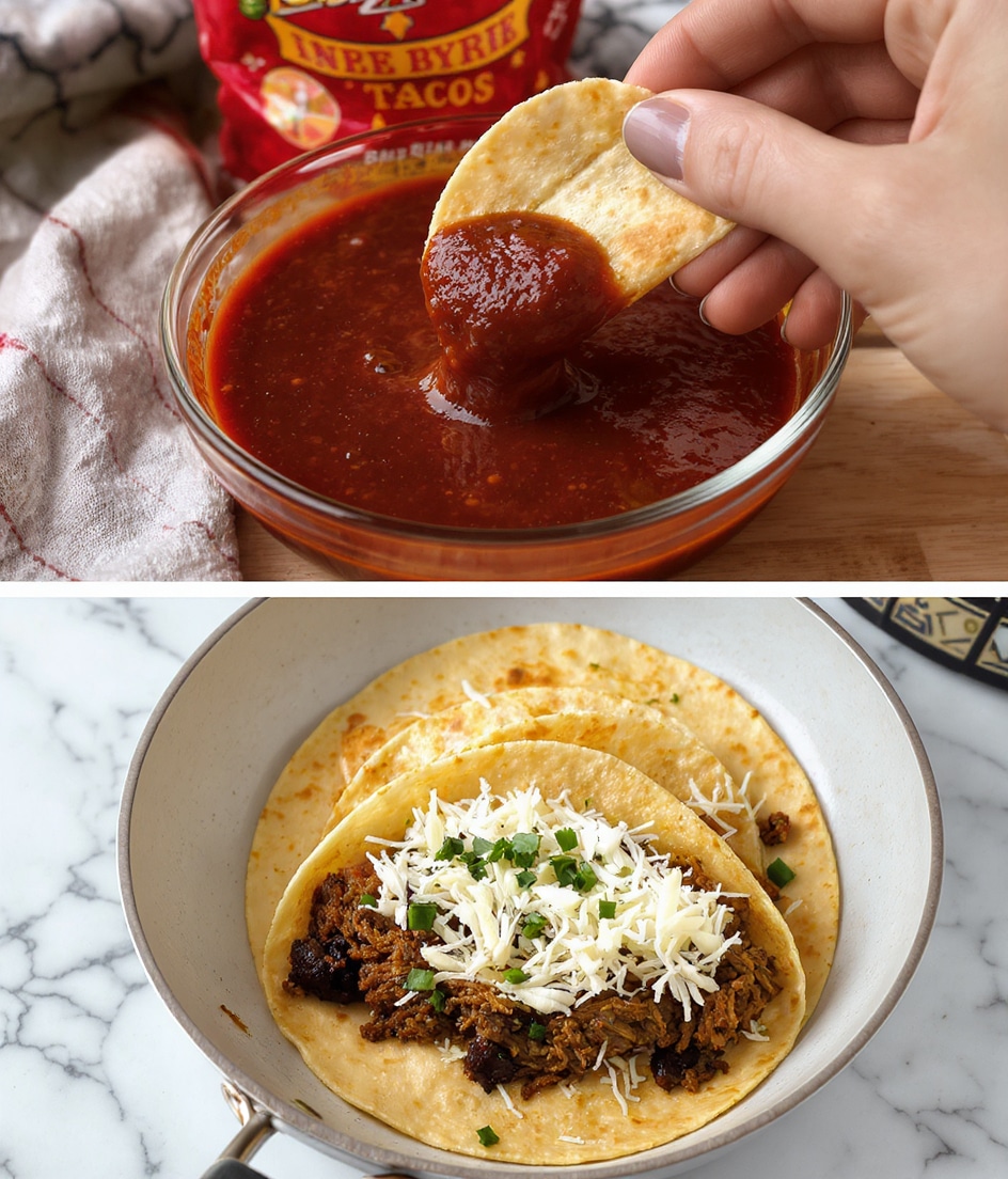 The first image shows a woman's hand dipping a soft tortilla into a clear bowl filled with dark red sauce, coating the tortilla evenly with the sauce's smooth texture. The second image features a single tortilla frying in a light gray pan on a white marbled surface; the tortilla is golden-brown with a slightly crispy texture and is filled with shredded dark brown meat, topped with a generous layer of white shredded cheese and small green herb pieces scattered on top. Photo taken with an iphone --ar 4:5 --v 7