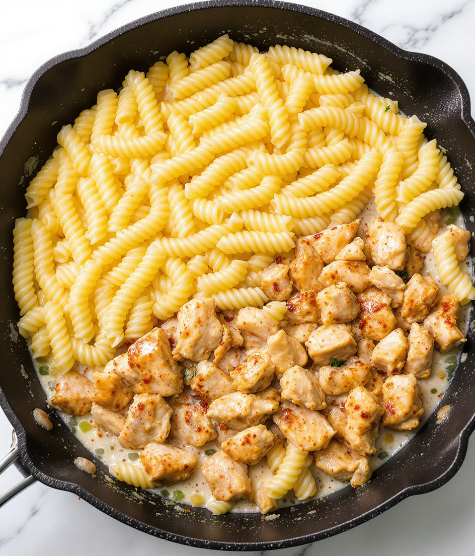A close-up top view of a black pan filled with two main layers: the top layer is light yellow spiral pasta, soft and shiny, covering about half of the pan; the other half holds cooked light brown pieces of chicken seasoned with herbs and red spices, mixed with the same pasta, resting on a bed of finely chopped mixed vegetables in a creamy sauce visible at the edges. The background is a white marbled texture. Photo taken with an iphone --ar 4:5 --v 7