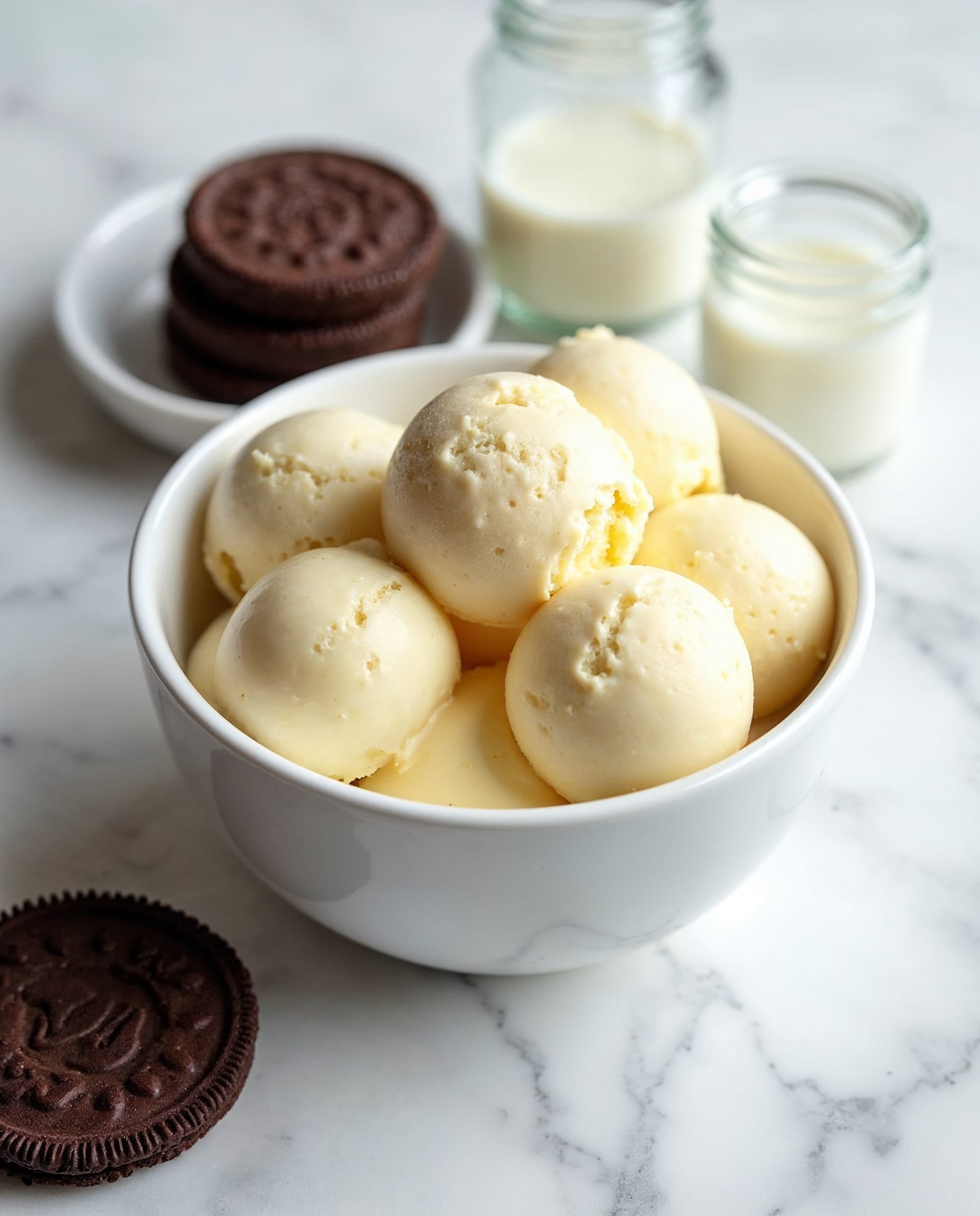 A white bowl is filled with about ten scoops of creamy pale yellow ice cream, each scoop smooth with soft edges and slight texture showing. Next to it, there is a smaller white bowl holding a pile of whole, dark chocolate sandwich cookies with a distinctive embossed pattern on top. Nearby, there is a small clear glass jar filled with light cream or milk. All items are placed on a white marbled surface, and the scene is bright with soft natural light. photo taken with an iphone --ar 4:5 --v 7