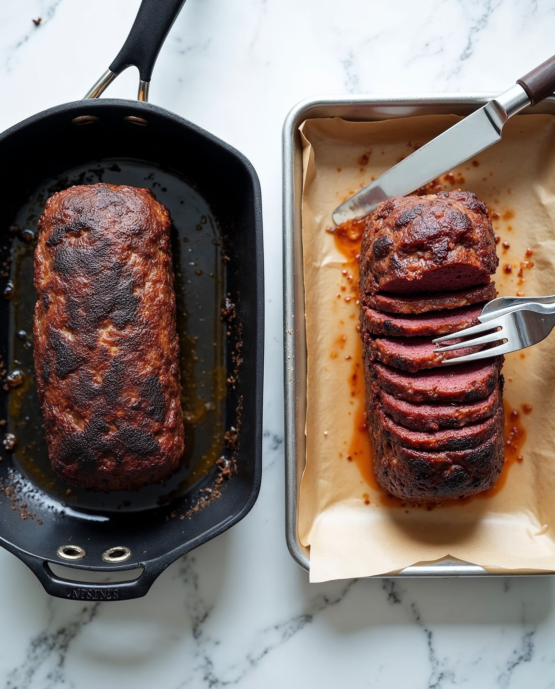 The image shows two stages of cooking a dark brown, thick loaf-shaped food item. On the left, the loaf is cooking in a black pan with simmering oil, its top crust is textured and uneven with a mix of browns and black, showing a crispy surface. On the right, the cooked loaf is on a baking tray lined with paper, being sliced with a silver fork and knife; inside, the loaf is a smooth reddish-brown color with a moist texture, and the outer crust appears crispy and charred. The backdrop is a white marbled surface. Photo taken with an iphone --ar 4:5 --v 7