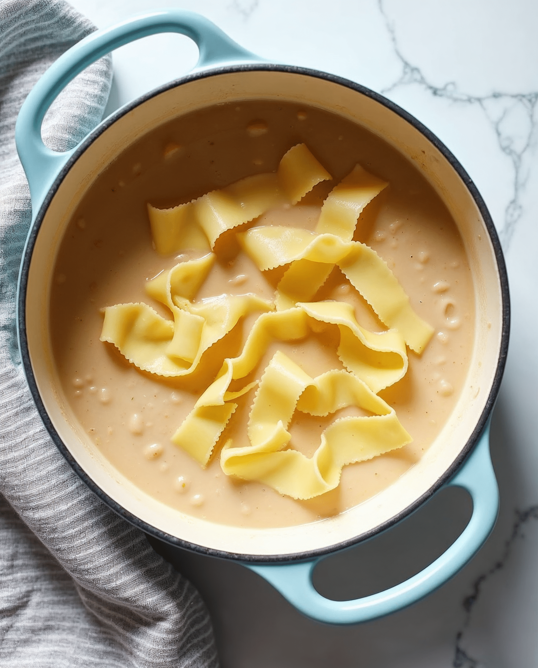 A white pot with light blue handles contains a creamy light brown sauce spread evenly at the bottom, topped with a single layer of short, curly pasta pieces that are pale yellow in color, creating a textured surface with some pasta overlapping. The pot is placed on a white marbled surface with a soft gray and white striped cloth partially visible on the left side. Photo taken with an iphone --ar 4:5 --v 7