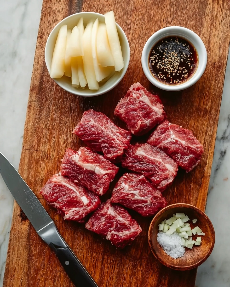 The image shows a wooden cutting board on a white marbled surface. There are six pieces of raw red meat, marbled with fat, arranged in two neat rows on the lower half of the board. At the top left of the board, there is a white bowl filled with sliced light yellow pickled radish. To the top right, there is a small white bowl with a dark brown sauce topped with sesame seeds. Below it, on the board, is a small wooden bowl filled with white chopped garlic and some salt grains scattered next to it. A knife with a silver blade and black handle rests on the left edge of the board. The photo was taken with an iphone --ar 4:5 --v 7