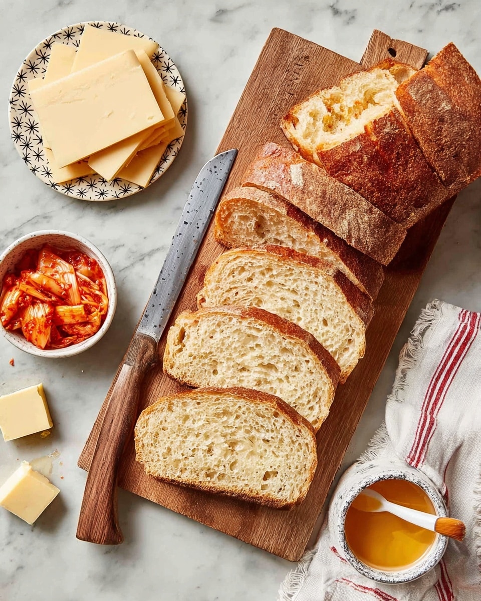 A wooden cutting board on a white marbled surface holds a loaf of bread with six thick slices showing a golden-brown crust and soft, porous off-white inside arranged in a fan shape. To the left of the bread is a silver knife with a wooden handle resting flat on the board, and above the knife are several uneven rectangular slices of pale yellow cheese stacked in a pile. A small white bowl with a black star pattern sits near the top edge of the board, filled with reddish-orange kimchi and a white spoon resting inside it. Near the bottom right of the bread is a small white bowl containing melted butter, with a paintbrush laying across the bowl edge partially dipped in the butter. A few more rectangular cheese slices are scattered beside the butter bowl, and a white cloth with red stripes is partially visible in the bottom right corner. Photo taken with an iphone --ar 4:5 --v 7