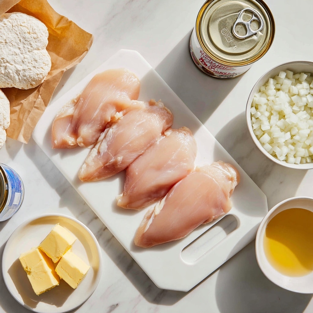 The image shows four pieces of raw chicken fillets laid out in a single layer on a white cutting board with a rounded hole near the top. Around the cutting board are bowls and containers arranged neatly on a white marbled surface: a bowl with chopped white onions on the right, a small white bowl with clear liquid above the onions, a small white plate with two cubes of yellow butter on the left, an opened tin of mustard with its lid above the butter plate, a can of condensed milk on the left top, and two pieces of sliced white bread wrapped partly with brown paper to the left of the chicken fillets. The overall setting is clean and organized with soft natural light. photo taken with an iphone --ar 4:5 --v 7