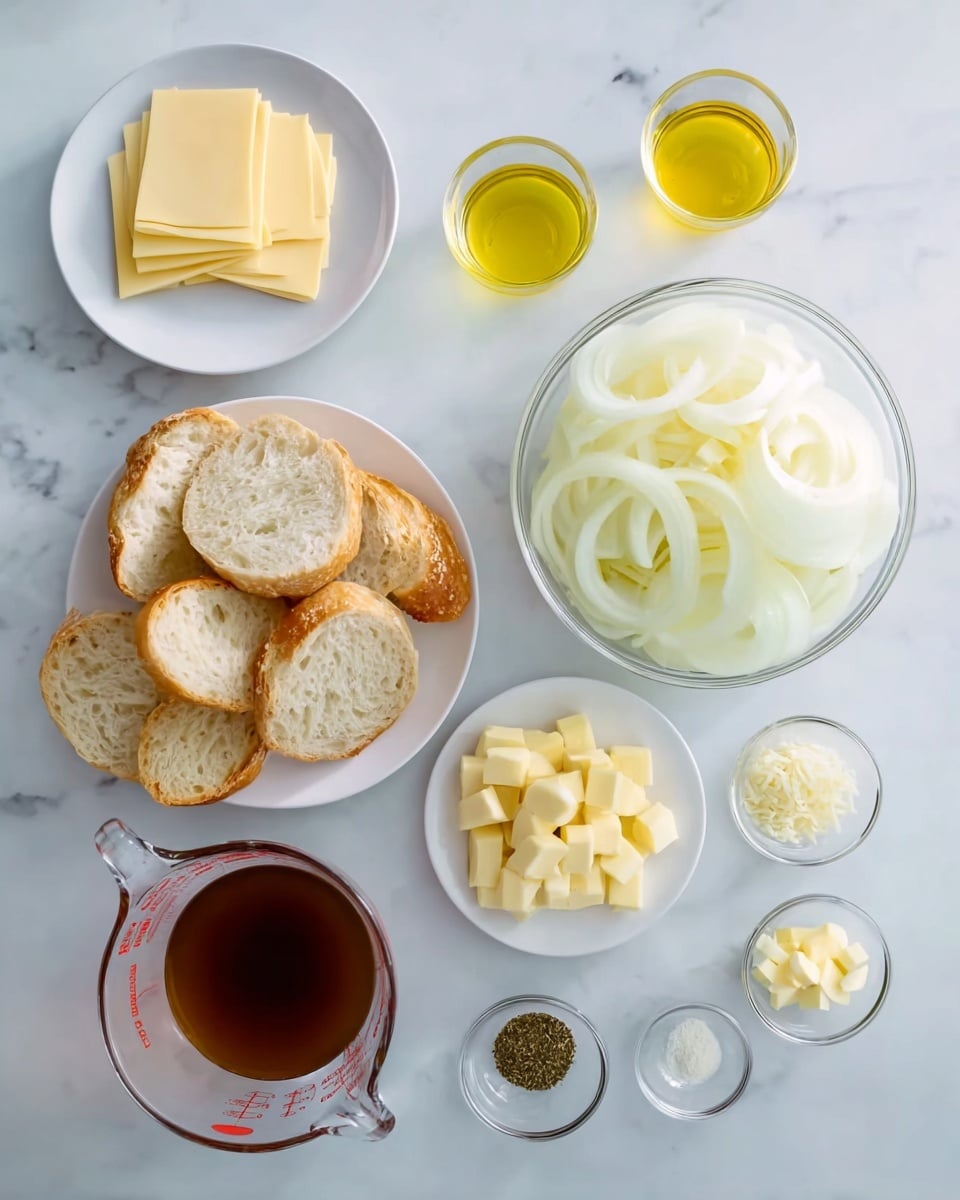The image shows ingredients for a recipe laid out on a white marbled surface. There are four round slices of pale yellow cheese stacked on a white plate at the top left. Above the plate with bread are two small clear glass containers holding a clear yellow liquid and a slightly darker yellow liquid. In the middle, a white plate holds several pieces of crusty light brown bread, some sliced and some whole. To the right, a large clear glass bowl is filled with thin, pale off-white onion slices. Below the bread plate, a clear glass measuring cup is filled with a dark amber liquid, likely broth. Surrounding it are five small clear glass bowls with cubed light yellow butter, small pale yellow cubes of cheese, a small pile of light grated cheese, and small amounts of dried herbs and black pepper. photo taken with an iphone --ar 4:5 --v 7