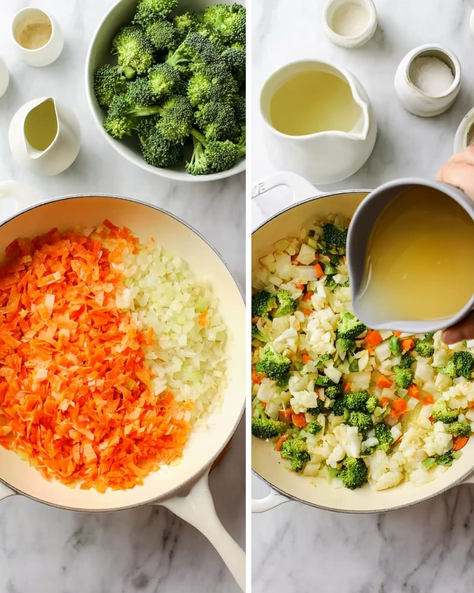 The image shows two white pans on a white marbled surface. The first pan holds a layer of cooked orange and white chopped vegetables evenly spread across the bottom. Beside the pan are fresh green broccoli florets in a white bowl and a small jug of yellow liquid. The second pan contains a mix of bright green broccoli and white cauliflower pieces, with some small bits of orange vegetables. A woman's hand is pouring a light yellow liquid from a gray jug into the pan. Nearby are a small pitcher of cream, salt and pepper shakers, and a pile of shredded orange cheese in a white bowl. Photo taken with an iphone --ar 4:5 --v 7