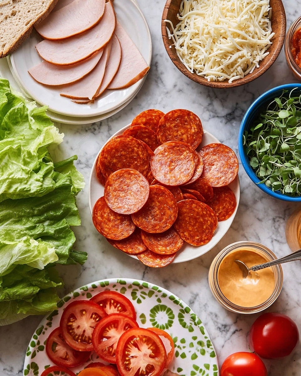 The image shows an overhead view of various pizza toppings arranged on a white marbled surface. In the center is a plate filled with many thin, round slices of reddish-orange pepperoni. To the left, a white plate holds several slices of light pink turkey meat, while just above it, large green lettuce leaves rest on another white plate. Above the pepperoni, a brown bowl is full of shredded white cheese, and to its right, a blue bowl contains fresh green sprouts. On the far right, there is a small glass jar with a creamy orange sauce and a small silver spoon inside. At the bottom, there are two whole bright red tomatoes and some sliced tomato pieces on a white plate with green patterns. The overall layout is neat and colorful. Photo taken with an iphone --ar 4:5 --v 7