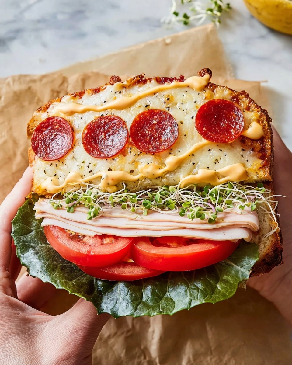 A close-up of a handheld sandwich consisting of four visible layers on a sheet of brown parchment paper over a white marbled surface. The bottom layer is a large, dark green leaf of lettuce covering the base. On top of the lettuce is a round, ripe red tomato slice. Above the tomato are several thin layers of light beige deli turkey folded neatly, sprinkled with pepper and topped with green sprouts and a drizzle of a creamy orange sauce. The topmost layer is a golden, bubbly melted cheese with some browning on the edges, topped with four evenly spaced small round slices of bright red pepperoni. A woman's hand is holding the sandwich at the bottom edge, showing the side profile of the layers. Photo taken with an iphone --ar 4:5 --v 7
