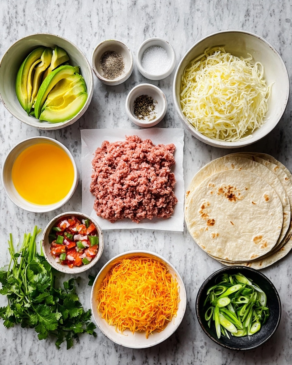 The image shows ingredients for a meal arranged neatly on a white marbled surface. Starting from the left, there is a white bowl filled with sliced avocado, next to a larger white bowl filled with shredded white potatoes. Above it are two small bowls, one with coarse salt and the other with black pepper. Below these is a white bowl with a yellow mixed egg liquid. At the center, there is a pile of raw ground meat placed on white parchment paper. To the right, a dark bowl with sliced green spring onions, a white bowl with shredded orange cheddar cheese, and next to them, three folded white tortillas lie on the surface. Fresh cilantro sprigs are placed near a small white bowl containing salsa made of diced tomatoes, onions, and green herbs. Photo taken with an iphone --ar 4:5 --v 7