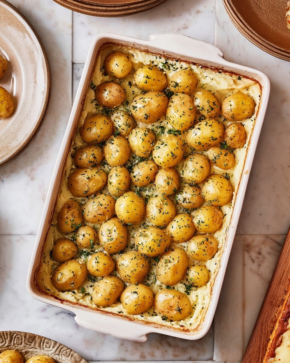 The dish shows a white rectangular baking dish filled with two layers: the bottom layer is a soft, mashed cream-colored texture, and the top layer is made of many small whole yellowish potatoes evenly spread to cover the entire surface. The potatoes are sprinkled with green herbs, giving them a speckled look. The dish is placed on a white marbled surface, with parts of other plates and a wooden board visible around it. Photo taken with an iphone --ar 4:5 --v 7