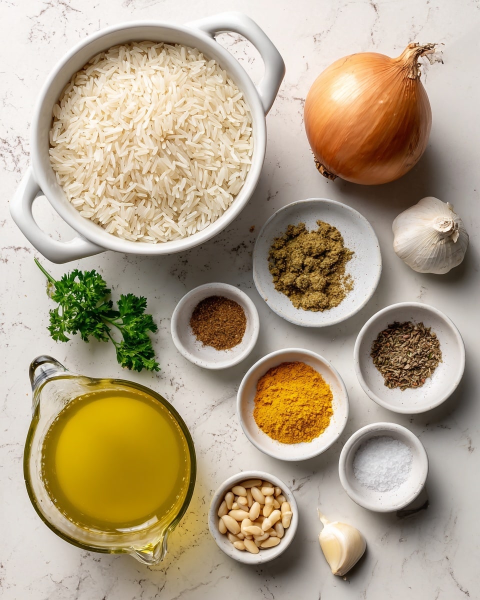 A top view shows a collection of raw ingredients neatly arranged on a white marbled surface. On the top left, there is a white bowl with two small handles filled with pale white basmati rice, showing long thin grains. To the right, a whole golden-brown onion and a small white bowl with yellow olive oil sit side by side. Near the bottom left, a glass measuring cup holds light yellow chicken stock with a sprig of bright green parsley lying next to it. Three small white dishes are scattered to the middle and right, each holding a different spice: dark brown coriander, golden-brown cumin, and bright yellow turmeric. A tiny white bowl with white coarse salt is placed near the onion. At the bottom right, another small white bowl contains light beige pine nuts, and nearby, two peeled garlic cloves add a soft off-white color to the spread. The photo was taken with an iphone --ar 4:5 --v 7