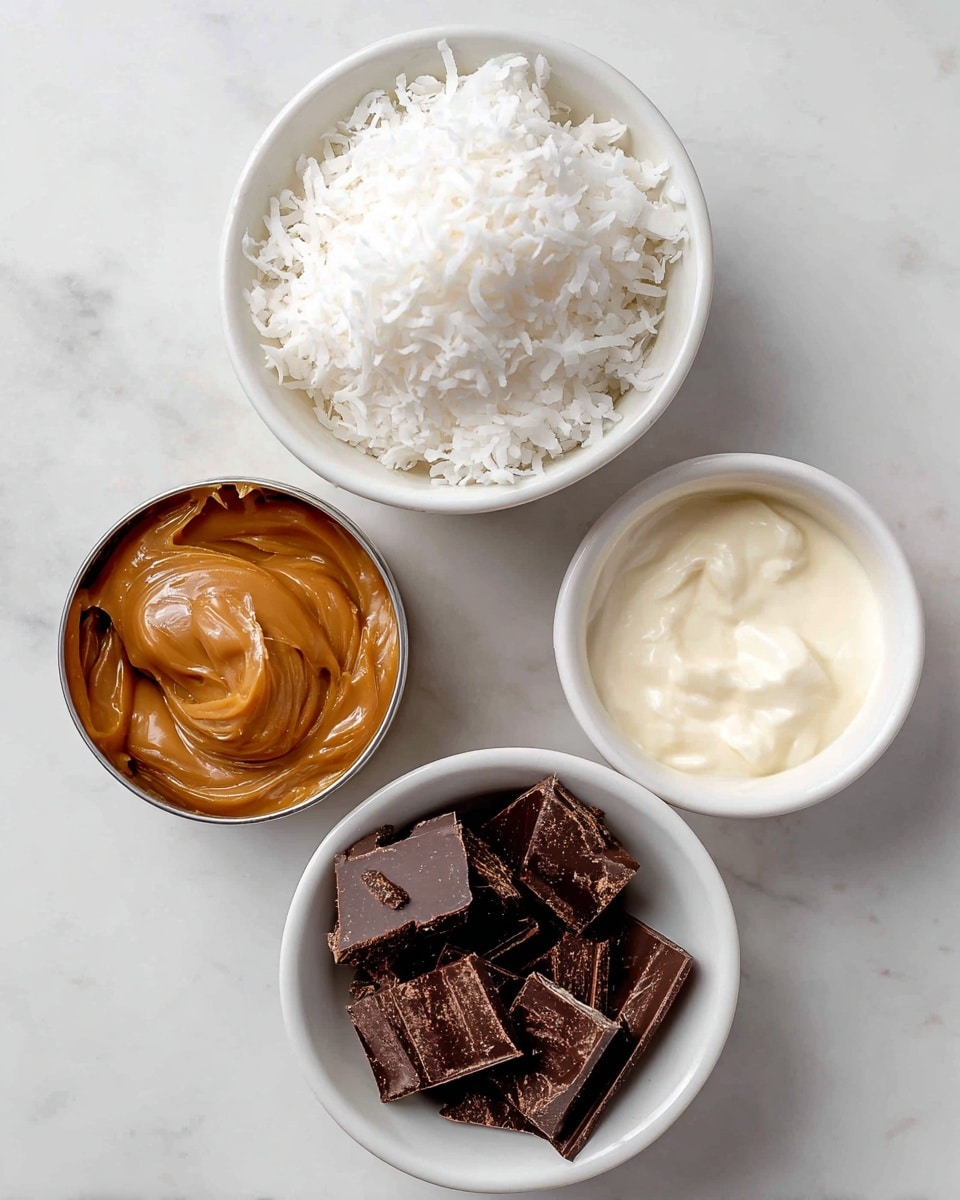 The image shows four small white bowls on a white marbled surface, each filled with different ingredients for a recipe. The top left bowl is full of white shredded coconut with a soft fluffy texture. To the right of it, a smaller bowl contains creamy, white coconut oil with a smooth surface. Below the coconut oil, another white bowl holds irregular dark brown chocolate bark pieces with a slightly rough texture. To the left of the chocolate bark, an open can filled with smooth, light brown dulce de leche is placed, showing its glossy and thick surface. The bowls are arranged in a loose diamond shape. Photo taken with an iphone --ar 4:5 --v 7