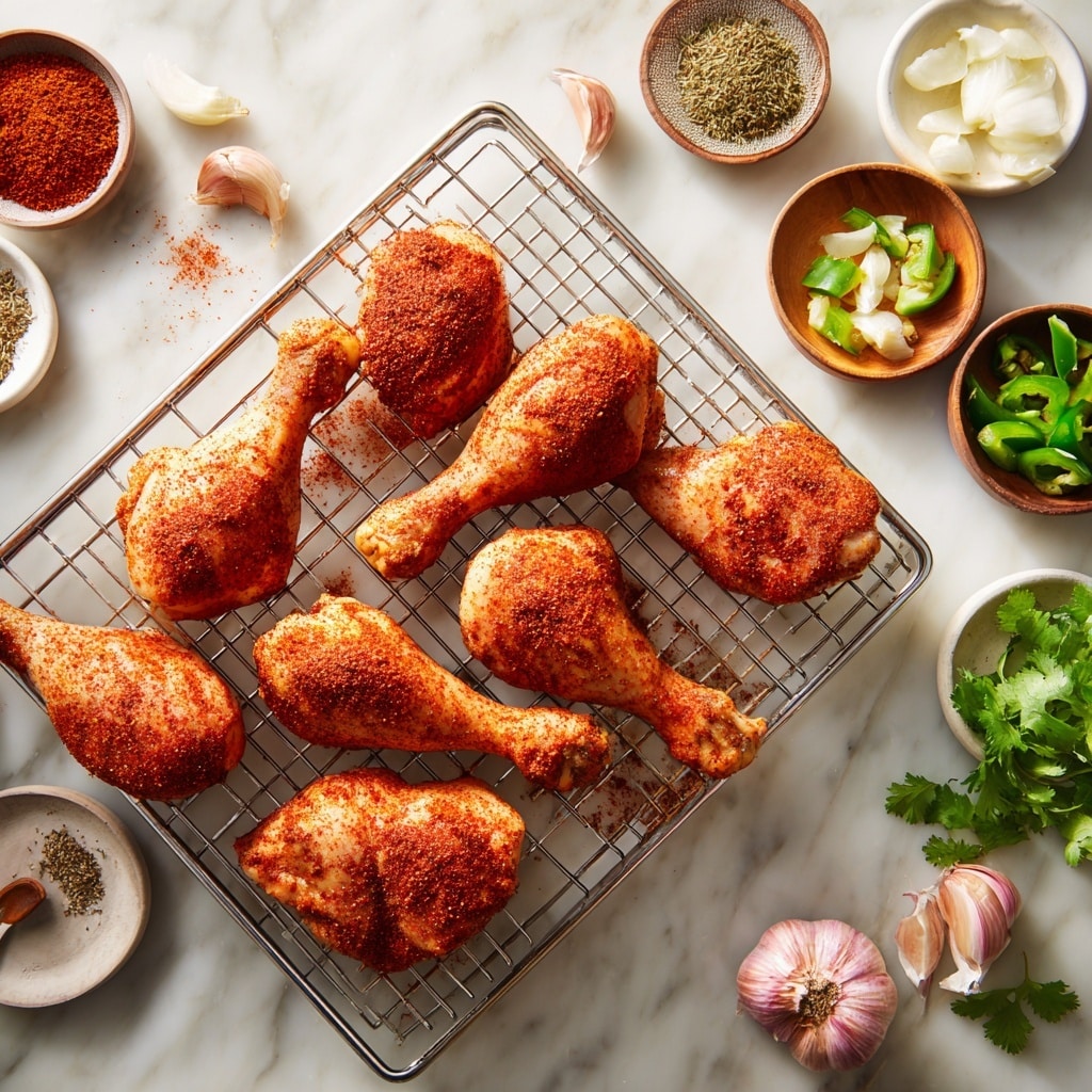 The image shows a metal wire rack holding ten raw chicken pieces arranged in a grid, each piece coated with a reddish spice rub. The chicken pieces have a smooth texture with visible seasoning, and their skin appears slightly folded and moist. Around the wire rack, on a white marbled surface, there are small bowls and plates holding various spices, garlic cloves, green sliced peppers, and fresh cilantro, creating a warm and inviting scene. The photo is taken with an iphone --ar 4:5 --v 7