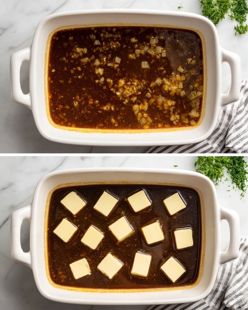 The image shows a white rectangular ceramic dish filled with a dark brown sauce that has small visible pieces of cooked onions scattered throughout. In the second photo, the same dish contains the same dark brown sauce and onion mixture, but seven small square pieces of light yellow butter are evenly placed on top. The dish is on a white marbled surface with a striped cloth partially visible on the lower right side and some green herbs in the top left corner. Photo taken with an iphone --ar 4:5 --v 7