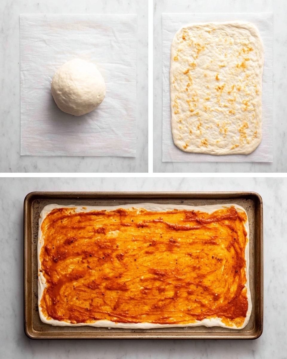 The image shows three stages of making a rectangular pizza on a metal baking tray placed on a white marbled surface. The first stage is a small, white, smooth ball of dough resting on parchment paper. The second stage shows the dough stretched into a flat rectangular shape with slight bubbles and some uneven texture on the surface. The final stage reveals the rectangular dough spread with a thick layer of orange-red tomato sauce with visible streaks and specks of seasoning, covering almost the entire dough but leaving a small border around the edges. photo taken with an iphone --ar 4:5 --v 7