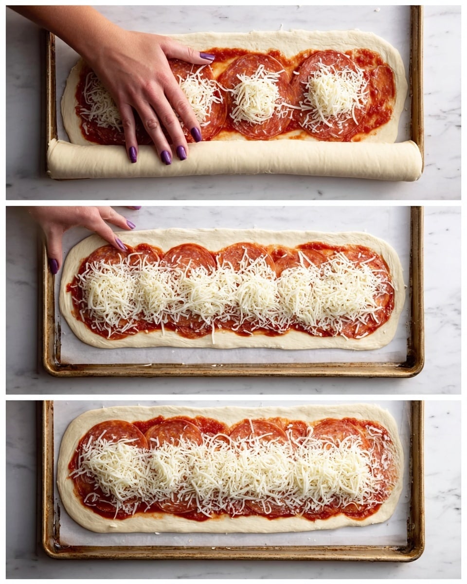 A rectangular pizza dough is laid out on a baking sheet with light brown color and spots, placed on a white marbled surface. The dough is topped with a layer of red tomato sauce spread to the edges. Evenly spaced on top are four round pepperoni slices, each with thin round slices of white onion layered underneath. Shredded white mozzarella cheese is sprinkled over the pepperoni and onion. In the second frame, a woman's hand with purple nail polish is gently folding the left side of the dough over the toppings, creating a thick dough edge. In the third frame, the woman's hands continue to roll the dough from left to right, covering the toppings completely into a thick horizontal roll. Photo taken with an iphone --ar 4:5 --v 7