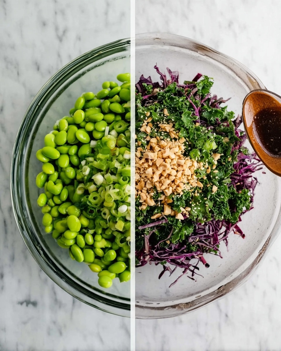 The image shows a clear glass bowl filled with layers of fresh salad ingredients arranged neatly side by side. The top layer includes bright green edamame beans on the left and chopped kale with purple cabbage shreds on the right. In the middle, there are thinly sliced green onions mixed with chopped nuts and sprinkled sesame seeds. The texture looks fresh and raw with vibrant colors contrasting on the white marbled surface beneath the bowl. photo taken with an iphone --ar 4:5 --v 7