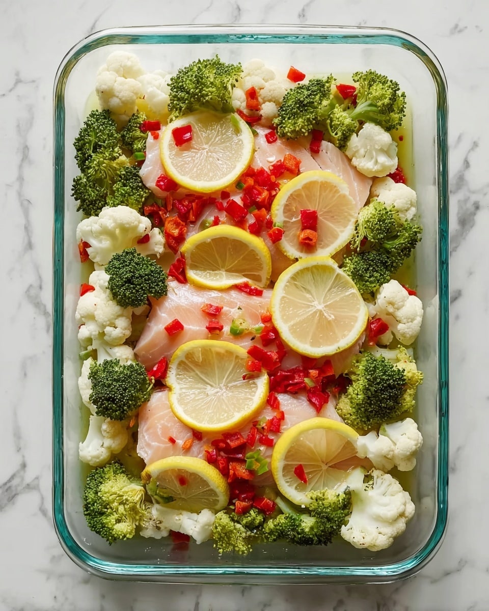 A clear rectangular glass baking dish holds a layered mix of fresh ingredients arranged on a white marbled surface. The base layer consists of pieces of pink fish fillet topped with thin yellow lemon slices laid evenly across. Scattered on top are bright green broccoli florets and white cauliflower pieces with a small amount of red diced peppers sprinkled evenly over the dish. The colors contrast vividly, showing freshness and variety. The photo taken with an iphone --ar 4:5 --v 7