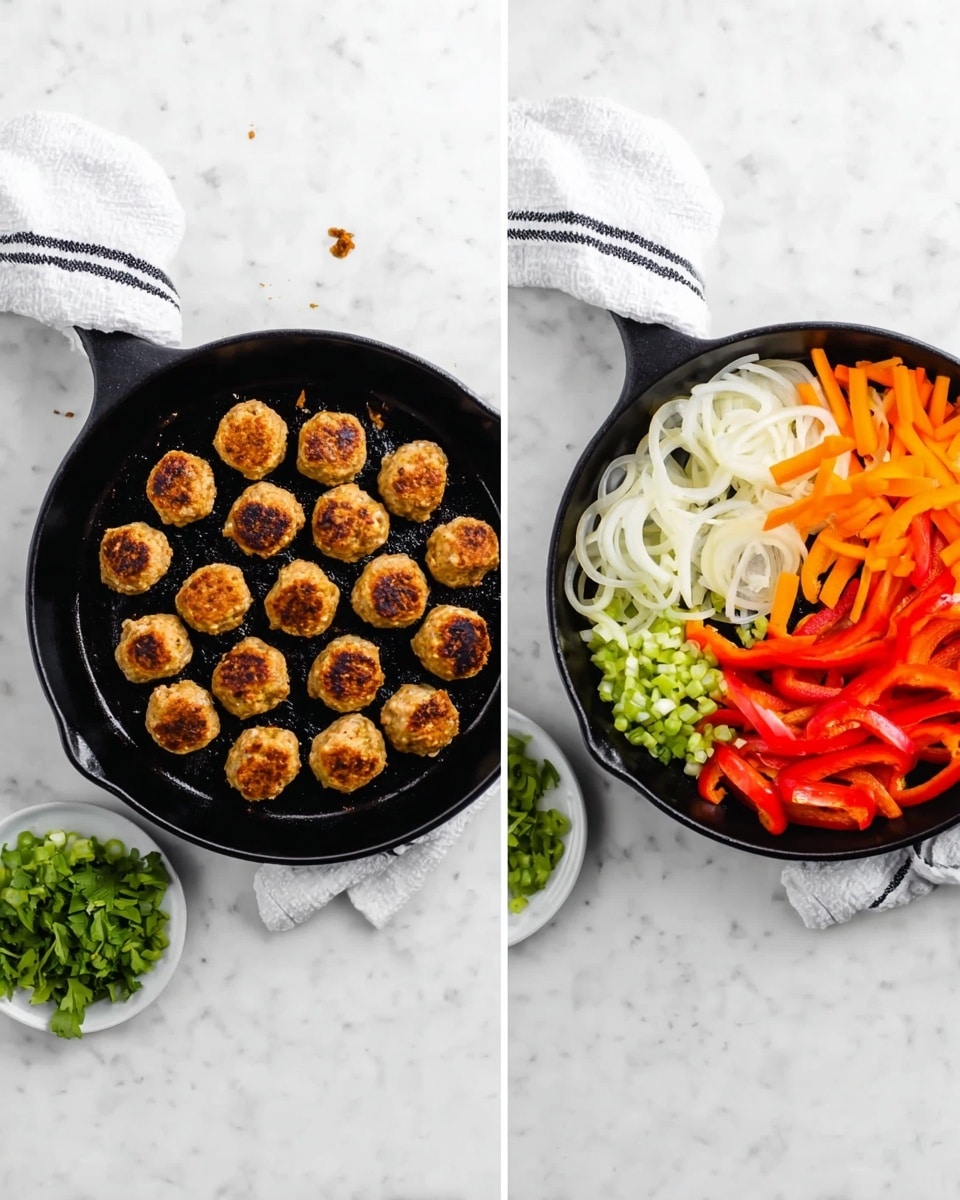 The first image shows a black cast iron pan placed on a white marbled surface with a white cloth with black stripes nearby. Inside the pan, there are 15 round golden-brown meatballs arranged in a circle with a few crumbs around them. The second image shows the same black pan on the same white marbled surface with the same cloth nearby and a white plate with more meatballs at the top right corner. Inside the pan, there are four groups of sliced vegetables: white onions in thin strips at the top left, orange carrot slices shaped like ovals in the top middle, light green diced scallions at the bottom left, and bright red bell pepper strips on the bottom right. A small bunch of green herbs is placed next to the white plate. photo taken with an iphone --ar 4:5 --v 7