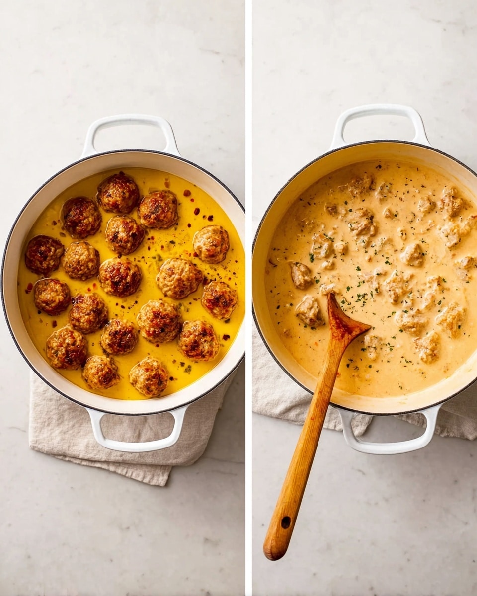 The image shows two white pots on a white marbled surface. The pot on the left contains about sixteen golden brown meatballs sitting in a yellow oily sauce with some small darker bits scattered around. The pot on the right shows a creamy, light orange sauce with small chunks of meat evenly spread throughout, and a wooden spoon resting inside the pot. The overall look is warm and rich, with simple textures and soft lighting. photo taken with an iphone --ar 4:5 --v 7