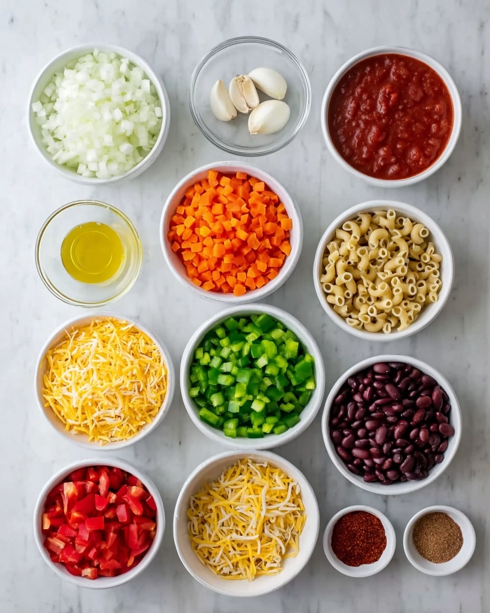 The image shows several small white bowls and dishes arranged neatly on a white marbled surface. There are eleven bowls in total, each filled with different ingredients. From top left to right, there is a bowl of chopped white onions, a bowl with canned tomatoes, and an empty clear bowl. Below them, there is a small dish with olive oil, a small dish with two garlic cloves, a small bowl of chopped carrots, a bowl of chopped green bell peppers, and a bowl with shredded yellow cheese in the center. Below these, there are white bowls with canned diced tomatoes, elbow macaroni pasta, kidney beans, and black beans. Additionally, there are two small white dishes containing red spice powder and ground cumin. The ingredients show a variety of colors including white, orange, red, green, yellow, and dark red, all laid out clearly for cooking preparation. Photo taken with an iphone --ar 4:5 --v 7