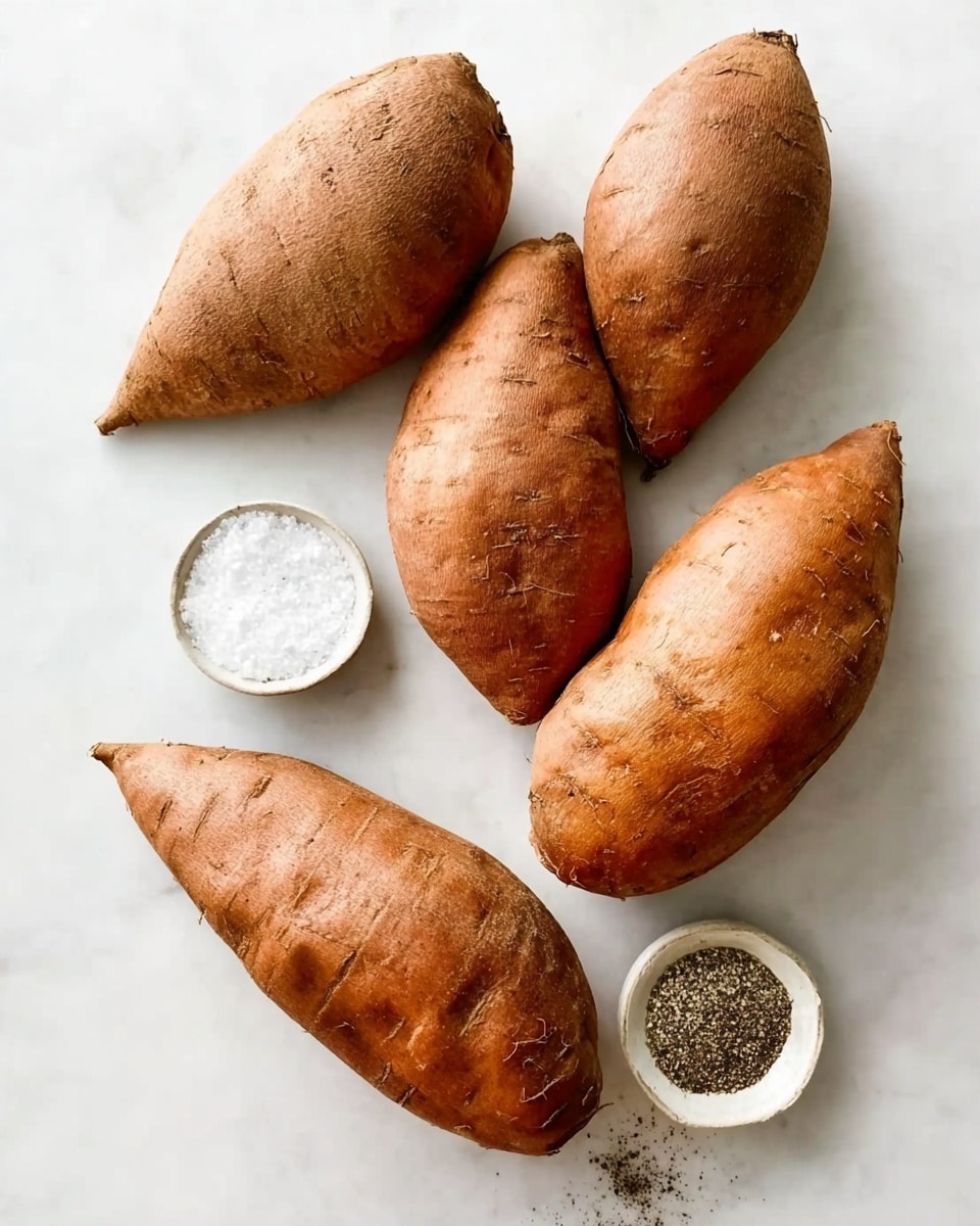 Four whole brown sweet potatoes with rough skin are placed on a white marbled surface. They are arranged loosely, with two pointing diagonally upward and two diagonally downward. Next to the sweet potatoes, there is a small white bowl containing coarse white salt and ground black pepper side by side. The photo taken with an iphone --ar 4:5 --v 7