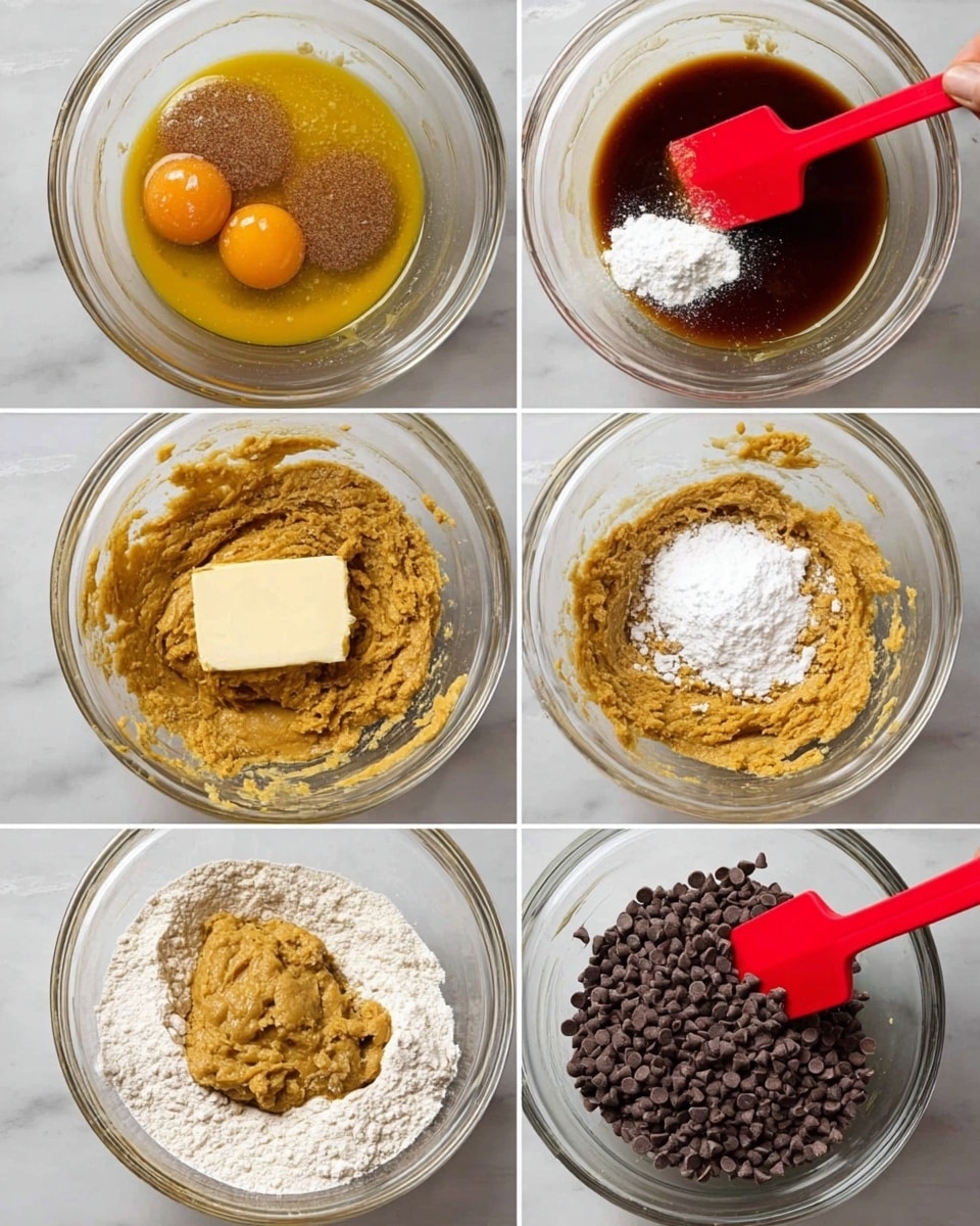 The image shows five stages of mixing cookie dough in a large clear glass bowl on a white marbled surface. In the first stage, there is melted butter, brown sugar, and white granulated sugar in the bowl with a shiny yellow-brown mix. The second stage adds two raw eggs and a dark brown liquid (likely vanilla) to the yellow-brown mixture, with a woman’s hand holding a red spatula inside the bowl. In the third stage, white baking soda is sprinkled over the smooth, darker yellow-brown mixture with the spatula resting inside. The fourth stage shows a heap of white flour on top of the combined wet mix before stirring. The final stage is a thick, tan batter with a large pile of dark chocolate chips on one side, and the red spatula slightly covered in dough. photo taken with an iphone --ar 4:5 --v 7