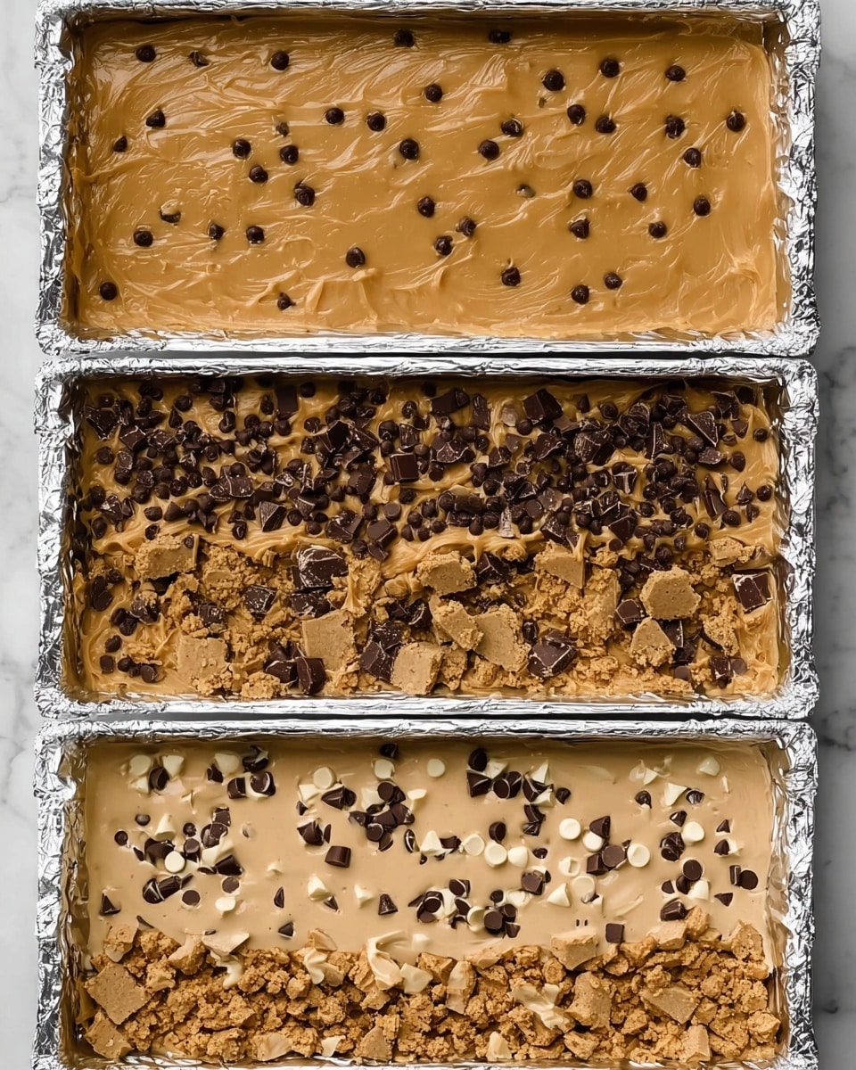 The image shows a white rectangular baking pan lined with silver foil on a white marbled surface, divided into four horizontal sections that illustrate different layers of a dessert being prepared. The top section displays a smooth, light brown dough spread evenly across the foil, sprinkled with small dark chocolate chips scattered on top. The second section features the same light brown dough base, but with a thick layer of miniature dark chocolate peanut butter cups generously placed over it, covering most of the dough. The third section shows the dough and peanut butter cups partially covered with a creamy, light tan sauce, dotted with small white and dark chocolate pieces that peek through. The bottom section reveals the final step where crumbled pieces of the light brown dough with chocolate chips are spread roughly over the sauce and chocolate pieces, completing the layered dessert. photo taken with an iphone --ar 4:5 --v 7