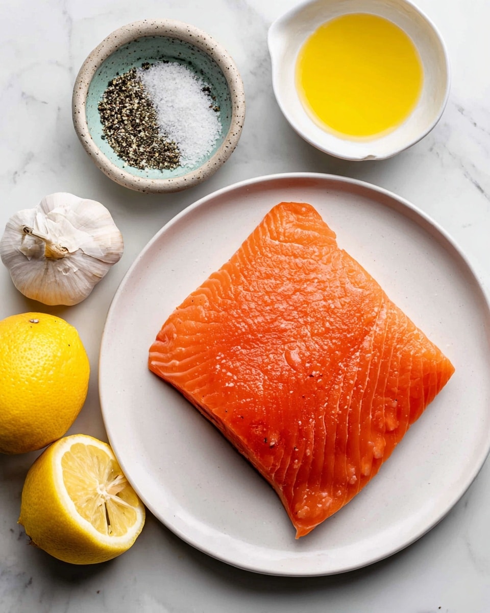 The image shows a large piece of fresh salmon with a deep orange color and smooth texture placed centrally on a white round plate. Around the plate, there are four items arranged on a white marbled surface: a small round bowl filled with a mix of coarse salt and black pepper to the left, a whole garlic bulb positioned below the bowl, a bright yellow lemon placed to the left bottom corner, and a white bowl filled with melted butter on the right side. The setting is clean and minimal with focus on the colorful ingredients. Photo taken with an iphone --ar 4:5 --v 7