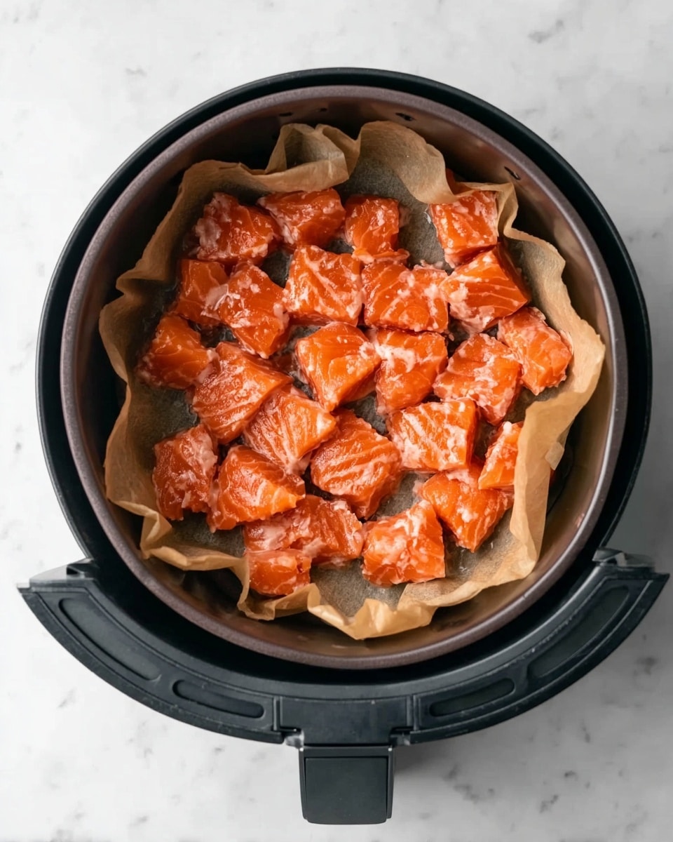 A round black air fryer basket lined with light brown parchment paper holds many small pieces of raw salmon. The salmon pieces are bright orange with a slightly shiny look and are placed in a single uneven layer covering the bottom of the basket. The basket handle is visible at the bottom, and the whole setup is on a white marbled surface. photo taken with an iphone --ar 4:5 --v 7