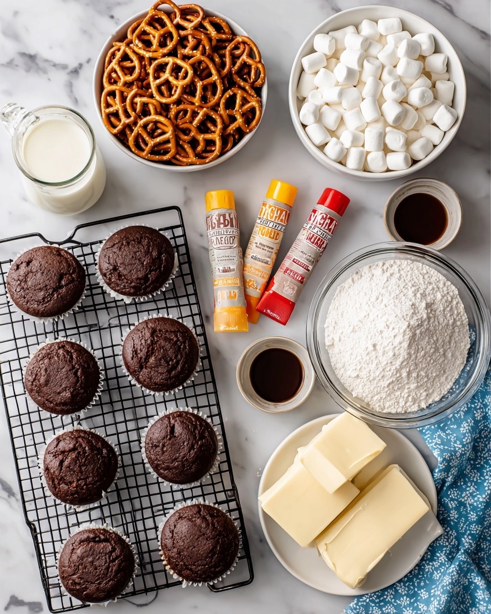 The image shows ingredients and finished cupcakes arranged on a white marbled surface with two main sections. On the left, there are twelve round, dark brown cupcakes placed in a 4 by 3 grid on a black metal cooling rack, with some thin, orange-brown pretzel sticks arranged in a white bowl above them. Next to the pretzels is a white bowl filled with small, white marshmallows, and three small tubes of food coloring in red, orange, and yellow colors lie between the pretzels and marshmallows. On the right side, there's a glass bowl filled almost to the top with fine white powdered sugar labeled as frosting, a small glass cup with milk beside it, and two sticks of pale yellow butter labeled