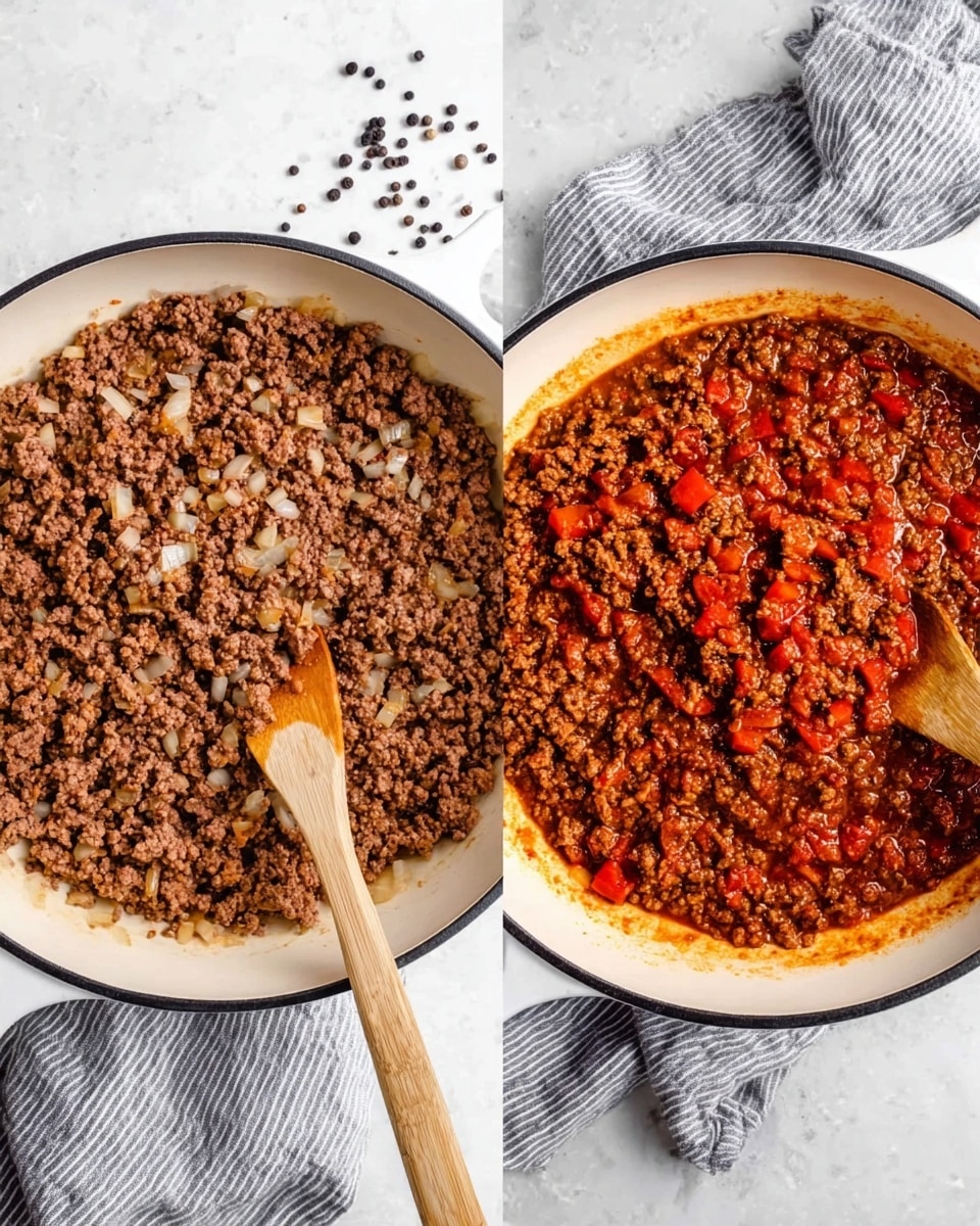 The image shows two white pans with black rims on a white marbled surface. The left pan contains cooked ground meat mixed with small pieces of translucent cooked onion, the meat is brown and crumbly, with a wooden spoon resting inside the pan, its handle pointing outward. The right pan holds a thicker and darker cooked ground meat sauce with red chunks of bell pepper or tomato mixed throughout, coated in a rich, deep reddish-brown sauce, also stirring with a wooden spoon positioned similarly. Both pans sit next to a gray-striped cloth, and scattered black peppercorns are visible on the surface nearby. photo taken with an iphone --ar 4:5 --v 7