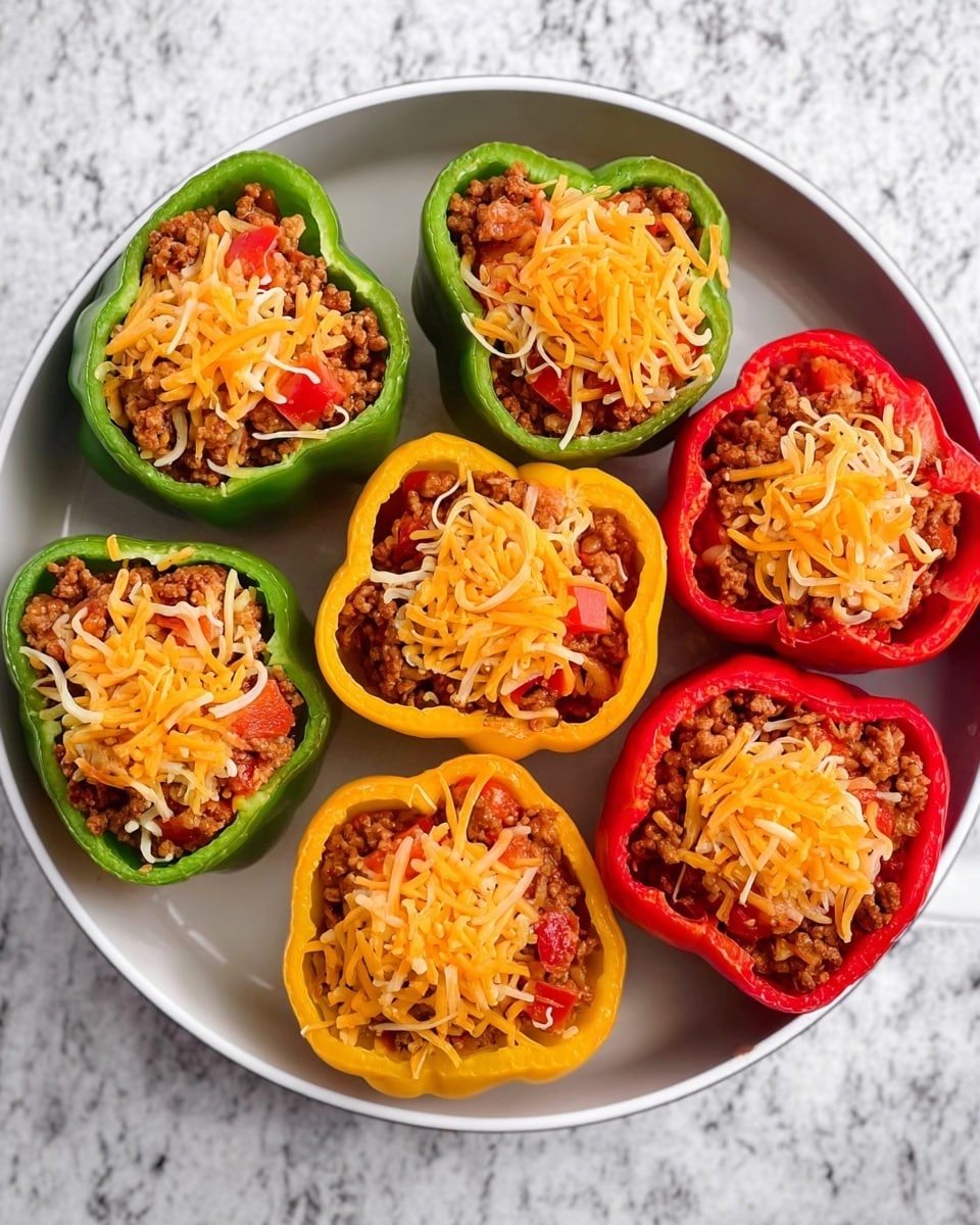 A white pan on a white marbled surface holds seven hollowed bell pepper halves arranged in a circular pattern: three green, two yellow, and two red. Each pepper half is filled with a textured mixture of cooked ground meat and small pieces of red vegetables. In the second image, the same peppers and filling are topped with a layer of shredded orange and white cheese, lightly covering the filling. The bright colors of the peppers and cheese contrast with the white pan and marbled surface. photo taken with an iphone --ar 4:5 --v 7