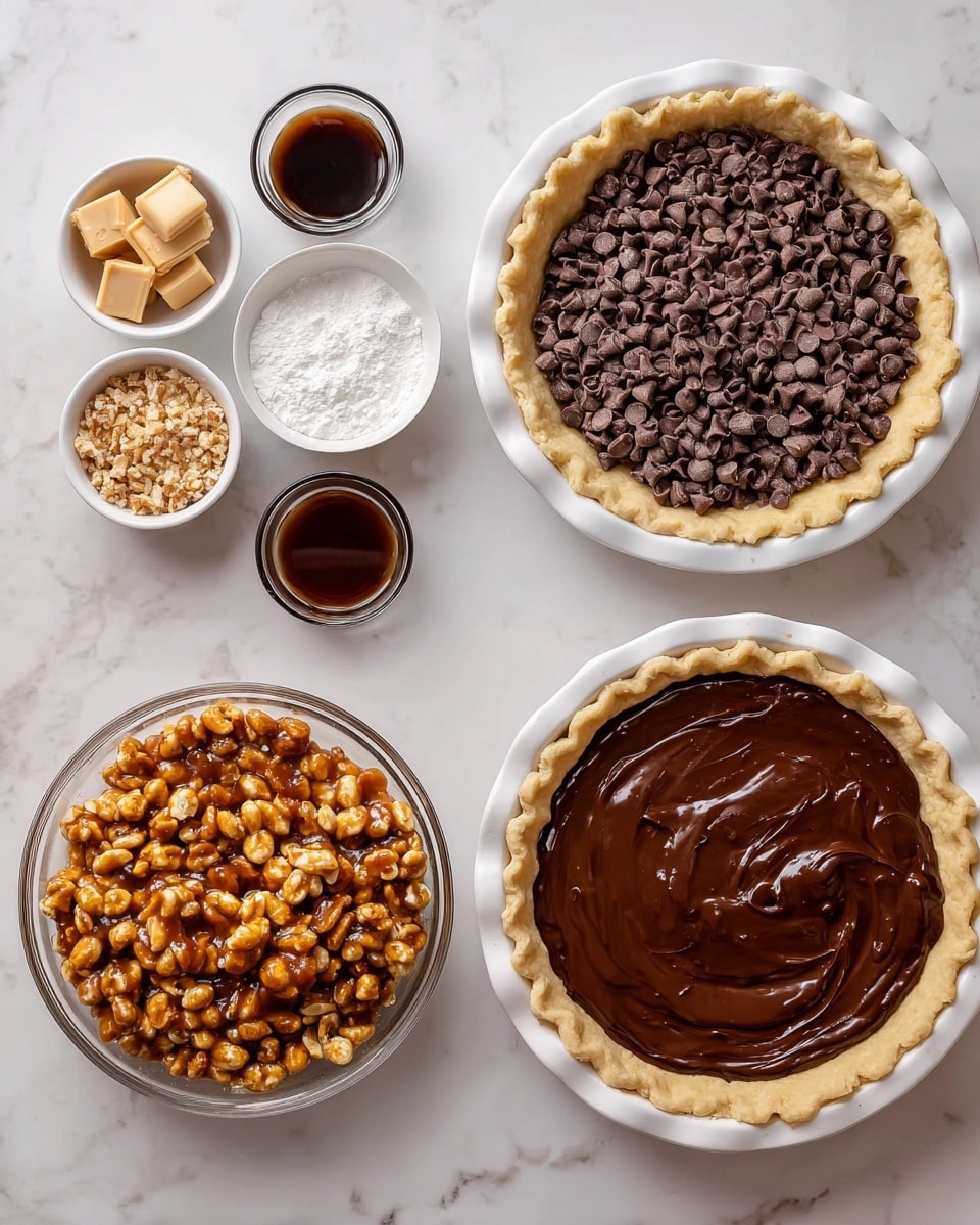 Chocolate Caramel Turtle Pie Recipe 4 The image shows four frames of a pie-making process on a white marbled background. The first frame has a ready pie crust in a white pie plate surrounded by small bowls containing dark chocolate chips, light caramel squares, flour, peanuts, and a small glass cup with dark syrup. The second frame shows the white pie plate with the crust filled with thick, smooth dark chocolate spread, evenly spread across the center. The third frame displays a glass bowl with a mix of peanuts coated in a shiny caramel glaze. The final frame shows the white pie plate layered with the chocolate spread topped by the peanut and caramel mixture, filling the pie evenly. Photo taken with an iphone --ar 4:5 --v 7