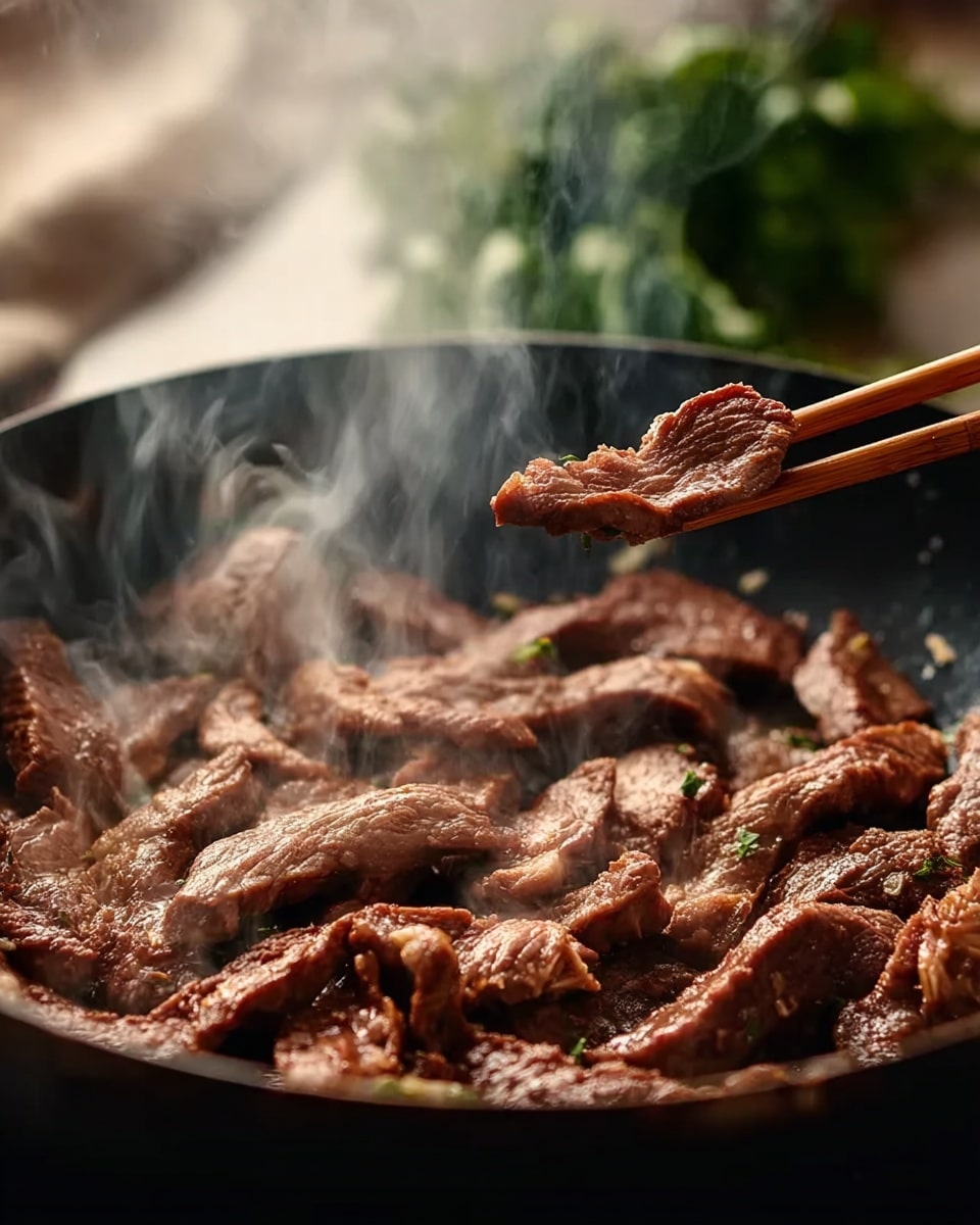 The image shows thin, brown strips of meat cooking in a black pan, with some pieces curling slightly. The meat looks juicy and tender, and there is steam rising from the pan. A pair of wooden chopsticks is holding some meat above the pan, and the background has a white marbled texture with green herbs slightly blurred. The scene captures the cooking moment with a warm and fresh feel. photo taken with an iphone --ar 4:5 --v 7