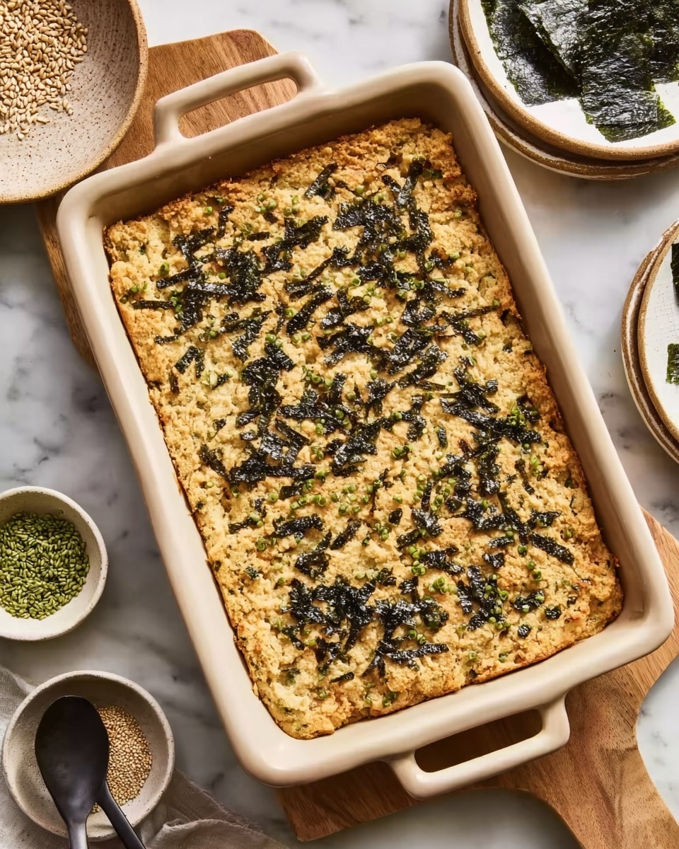 This image shows a white rectangular baking dish filled with a baked creamy salmon mixture topped with black and white sesame seeds and small green herbs scattered evenly on the surface. A scoop of the dish is taken out, revealing a soft inside with visible green bits, placed on a dark green seaweed sheet held by a woman's hand. The woman's other hand holds a large silver spoon with the creamy salmon mix on it, ready to serve. The dish sits on a white marbled surface with two brown ceramic plates and two silver forks in the background. photo taken with an iphone --ar 4:5 --v 7
