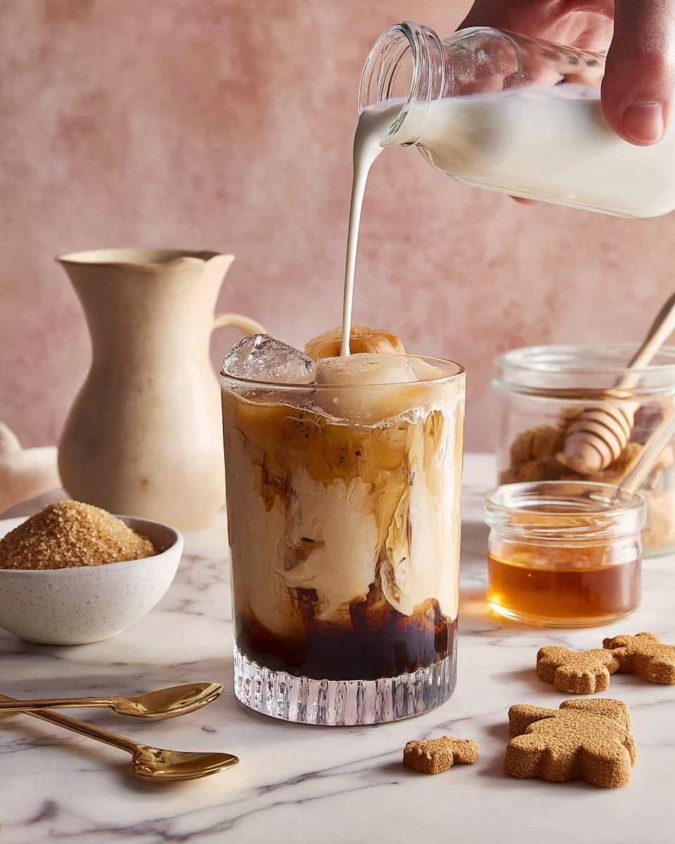 The image shows a glass filled with a drink that has three clear layers: a dark brown coffee layer at the bottom, a lighter creamy middle layer with ice, and a thick light brown foam layer on top. A woman's hand is pouring white milk from a small clear glass bottle into the foam layer. The glass sits on a white marbled surface with several brown and beige items around it, including a white bowl with brown sugar, golden spoons, a clear jar with honey and a wooden honey dipper, some small bear-shaped cookies, and a beige pitcher. The background is a soft pink textured wall. photo taken with an iphone --ar 4:5 --v 7