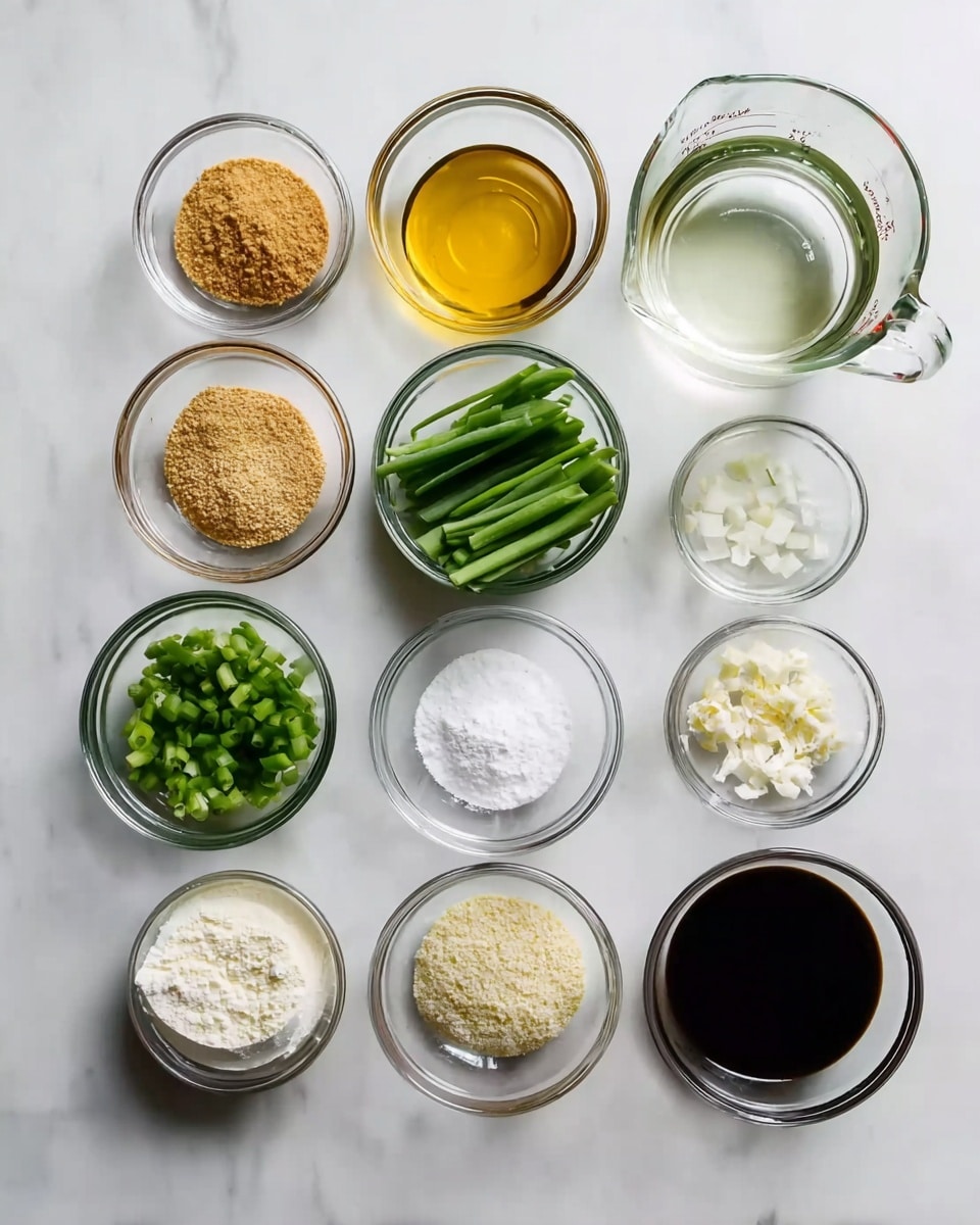 A top view of a group of small clear glass bowls and one clear glass measuring cup placed on a white marbled surface, arranged in two straight rows. The top row has five bowls with different ingredients: light brown granules, golden yellow oil, amber liquid, finely chopped green onions, and a clear measuring cup with water. The bottom row has eight bowls: chopped green onions and garlic in the first bowl on the left, white solid coconut oil, white granulated sugar, light brown powder, pale yellow liquid, white flour, white powder, a small bowl with beige grains, and a dark brown thick soy sauce in the last bowl on the right. All containers are round and evenly spaced photo taken with an iphone --ar 4:5 --v 7