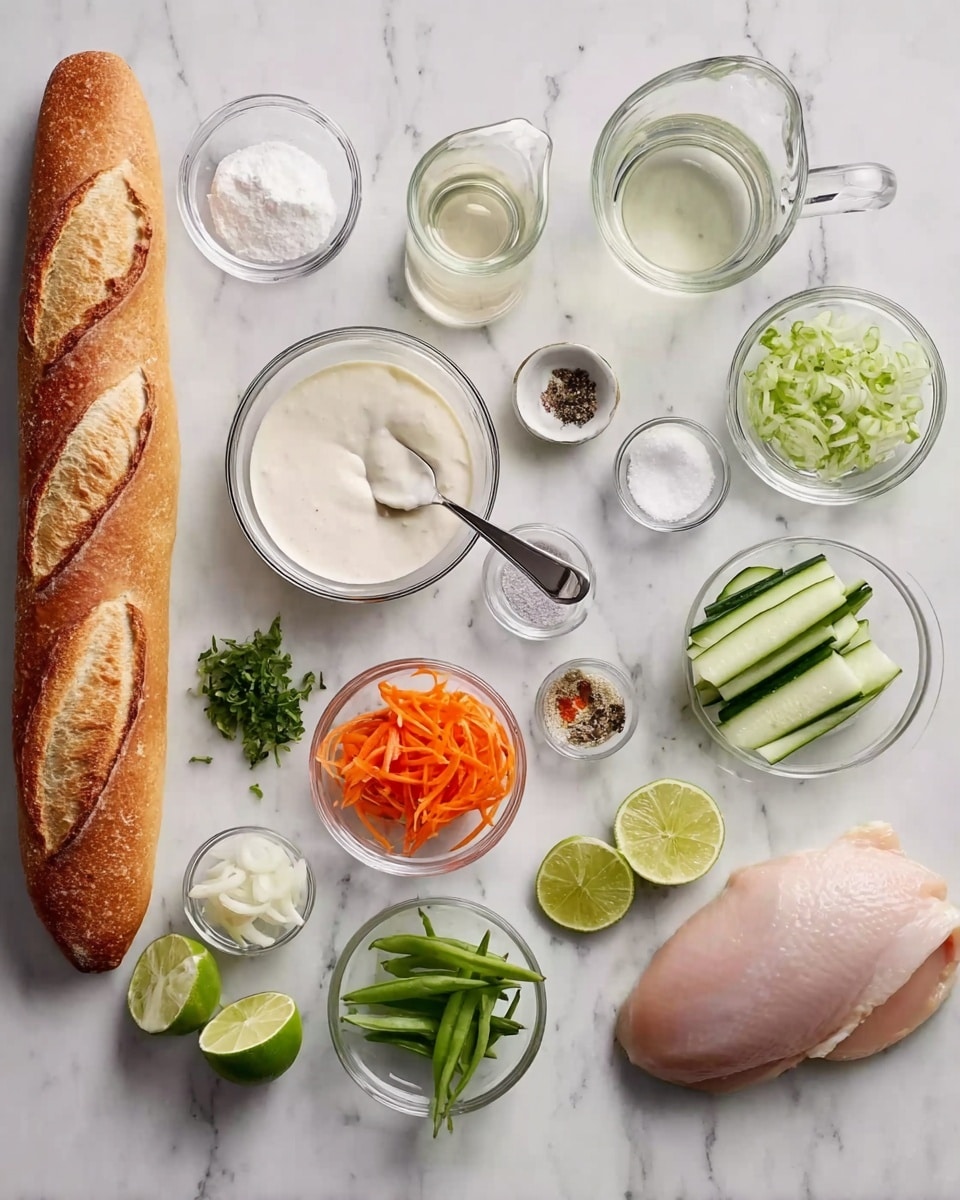 The image shows a white marbled surface with a long baguette on the left side, beside a small glass bowl filled with thick white sauce and a spoon resting inside. Around it, there are different small glass bowls arranged in rows, each holding a separate ingredient: white granulated sugar, thin shredded orange carrots, fresh green herbs, a small pile of salt, coarsely ground black pepper, thin cucumber slices, thin white onion slices, lime wedges, and snapped green beans. There are also two measuring pitchers, one with a clear liquid likely water, and one with a light-colored sauce, as well as a raw chicken breast placed on the right side. photo taken with an iphone --ar 4:5 --v 7